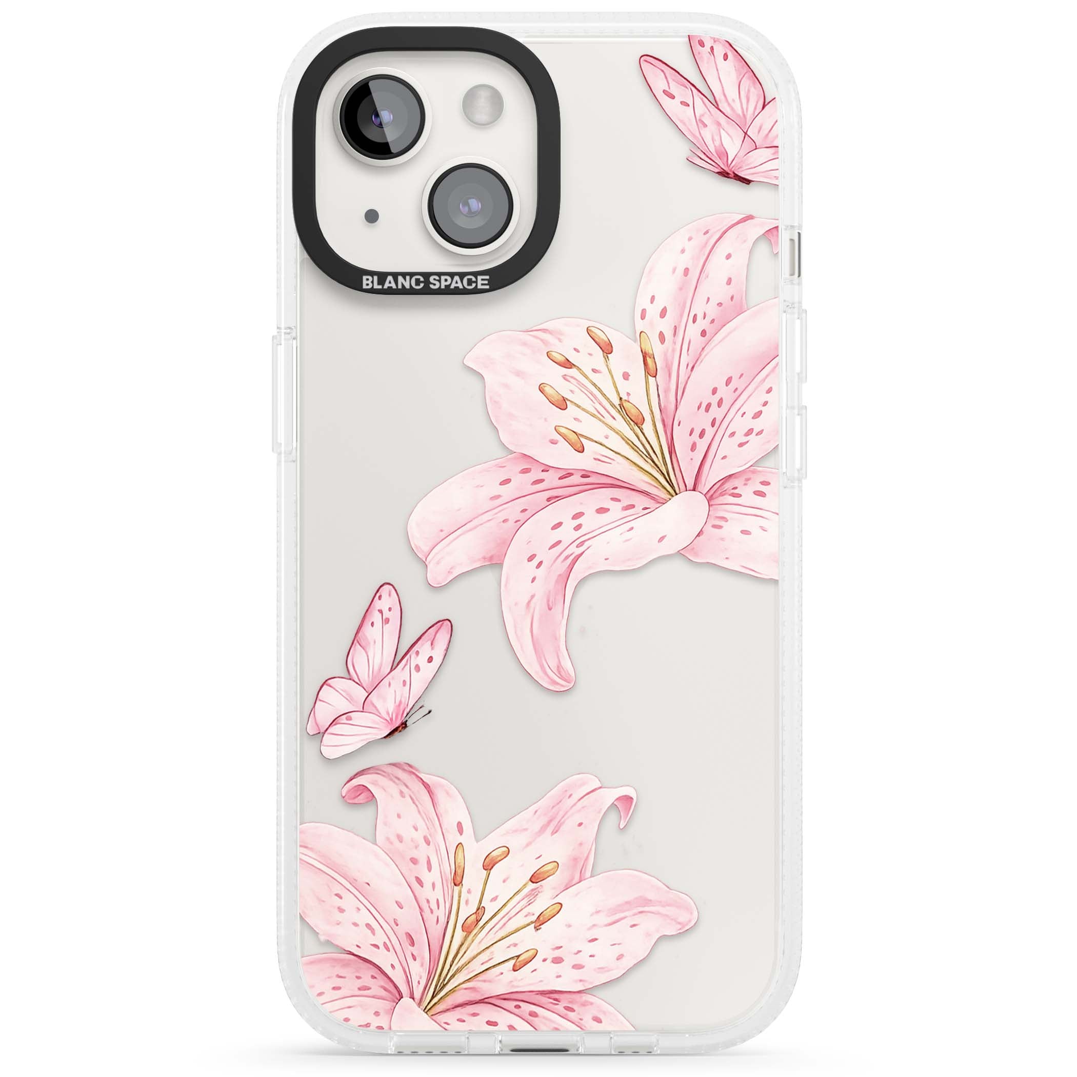 Lily Whisper floral iPhone case featuring pink watercolour lilies and delicate butterflies on a clear background | Clear Case Impact Air case for iPhone 15, iPhone 15 Plus