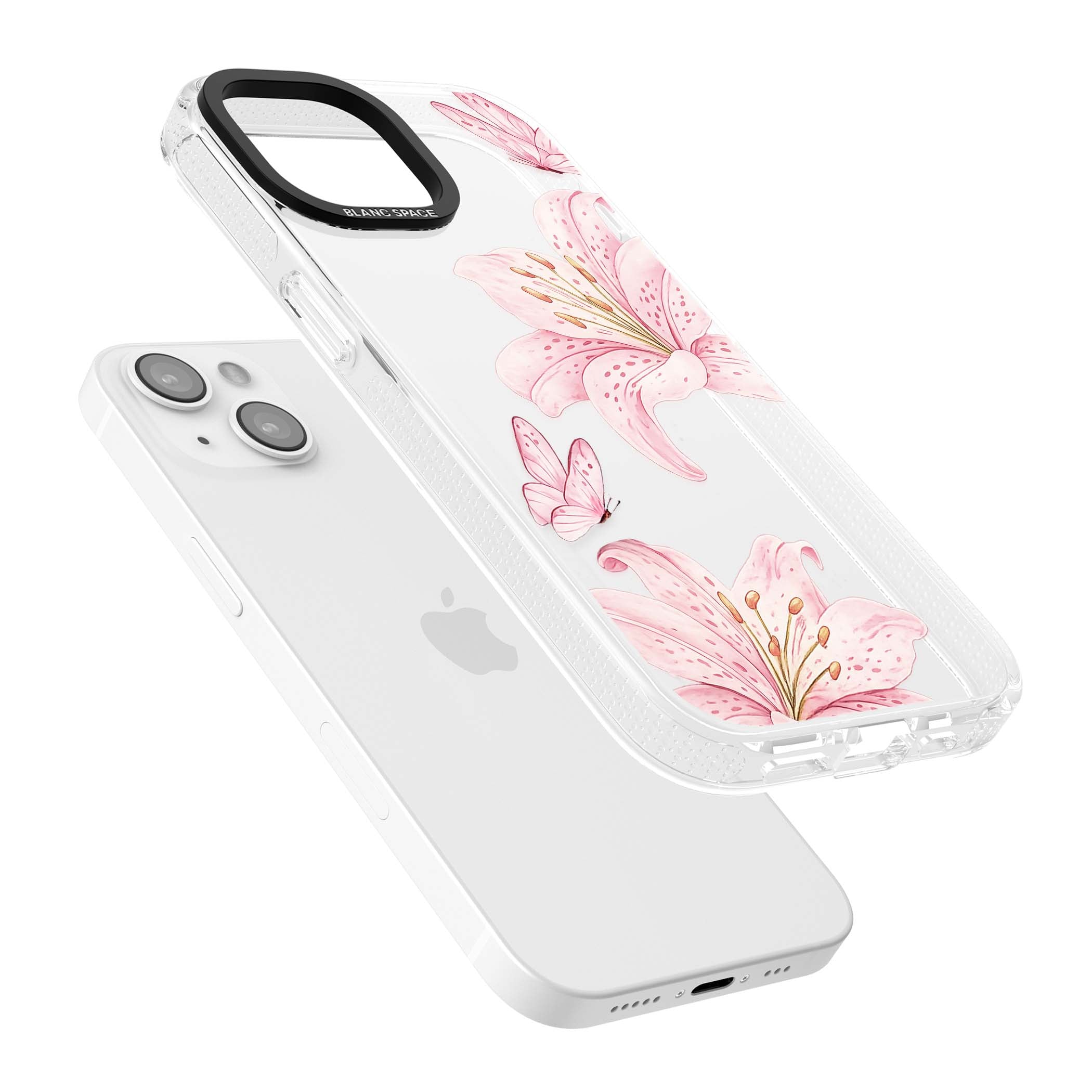 Lily Whisper floral iPhone case featuring pink watercolour lilies and delicate butterflies on a clear background | Clear Case Impact Air case for iPhone 15, iPhone 15 Plus