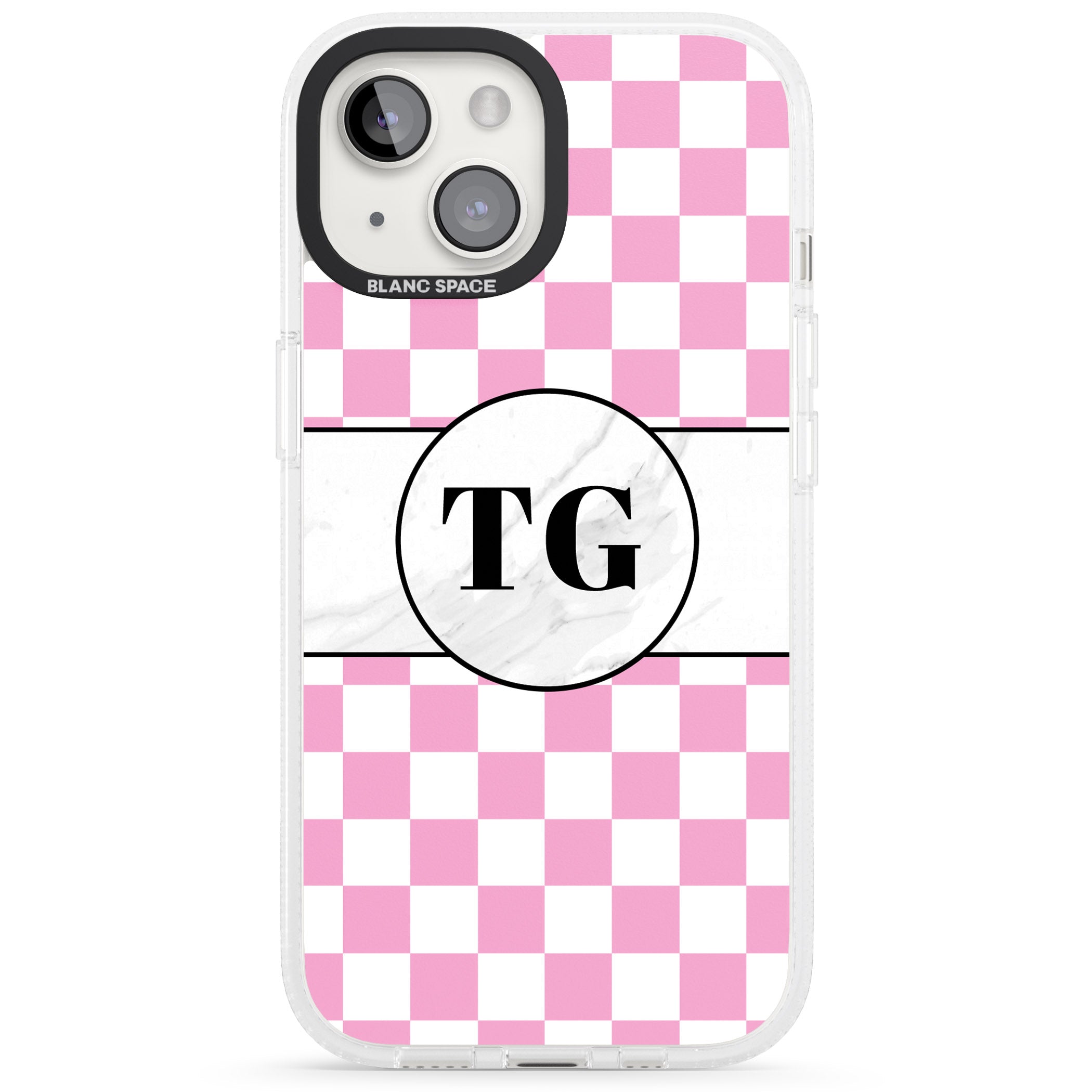 Personalised Monogrammed Pink Check iPhone 15 / 14 / 13 Clear Case Impact Air - Blanc Space