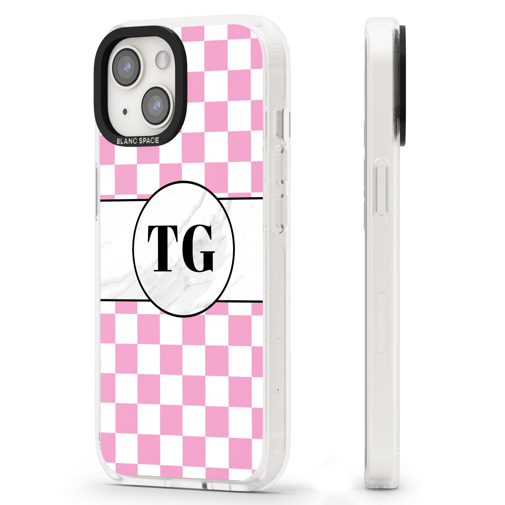 Personalised Monogrammed Pink Check iPhone 15 / 14 / 13 Clear Case Impact Air - Blanc Space