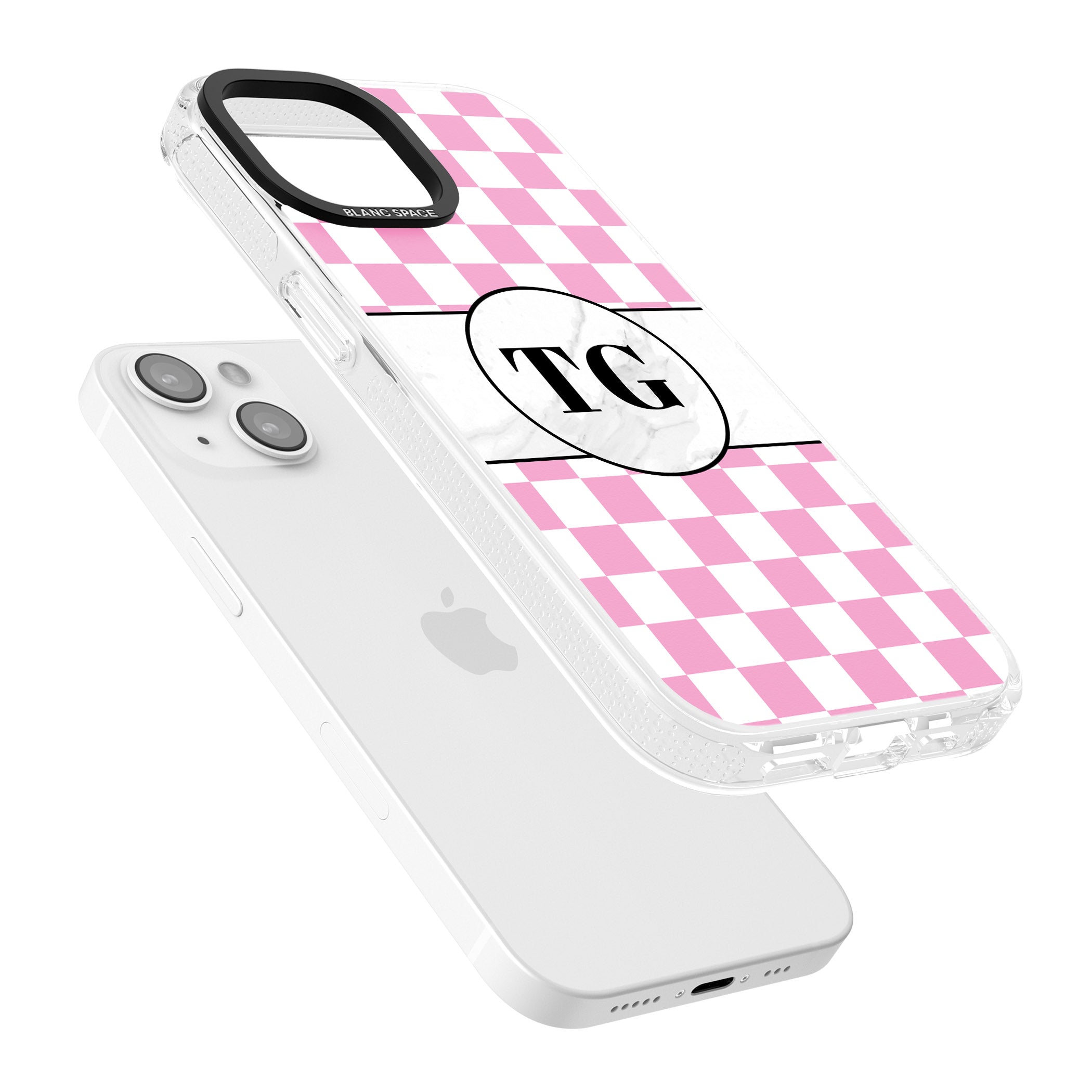 Personalised Monogrammed Pink Check iPhone 15 / 14 / 13 Clear Case Impact Air - Blanc Space