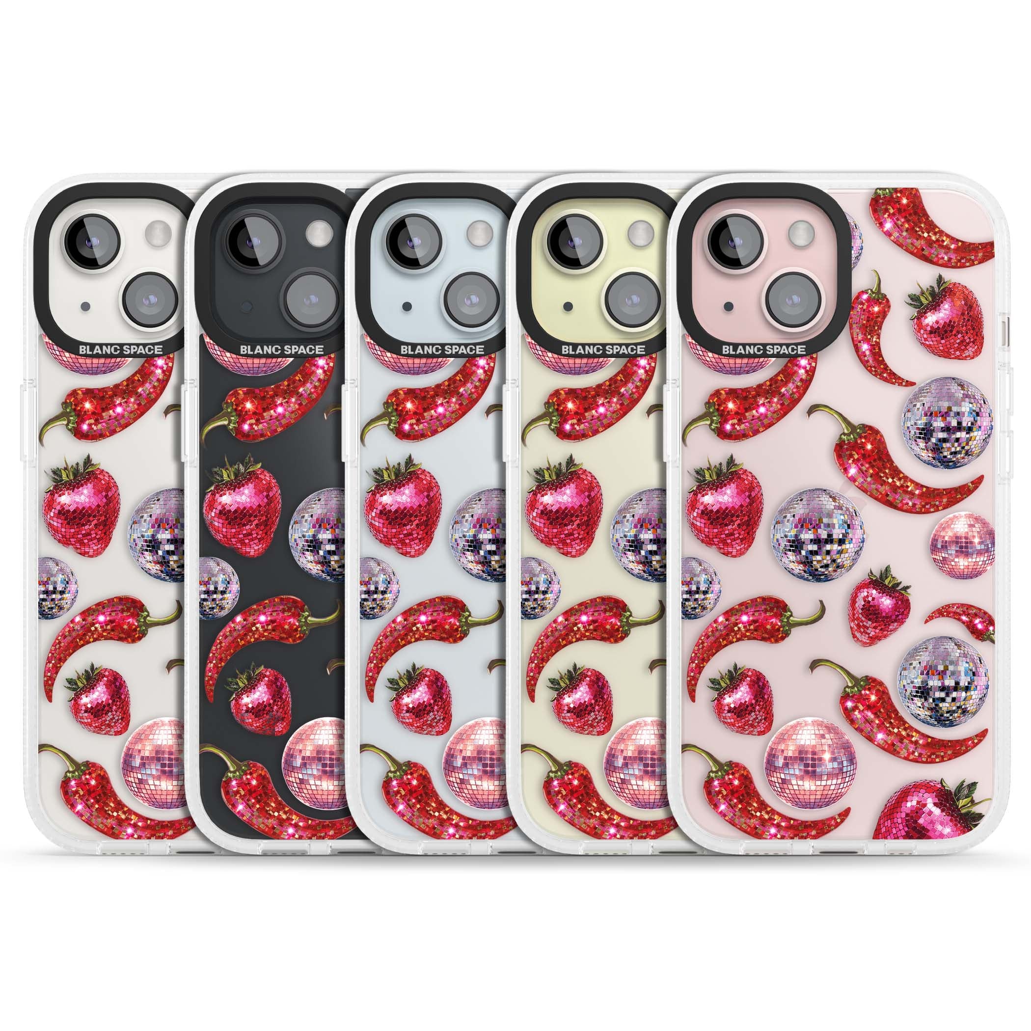 Spicy Disco Y2K iPhone case featuring glitter disco balls, sparkly strawberries and red chilli peppers | Clear Case Impact Air case for iPhone 15, iPhone 15 Plus