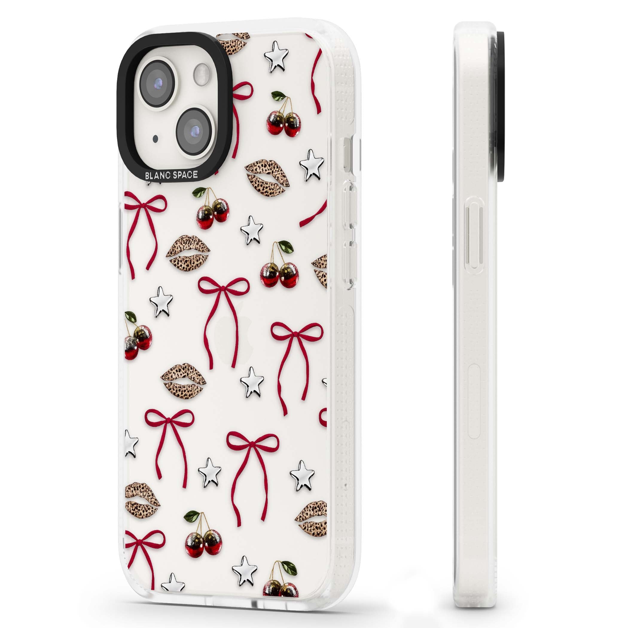 Starlet coquette iPhone case featuring red ribbon bows, disco cherries and leopard-print lips | Clear Case Impact Air case for iPhone 15, iPhone 15 Plus
