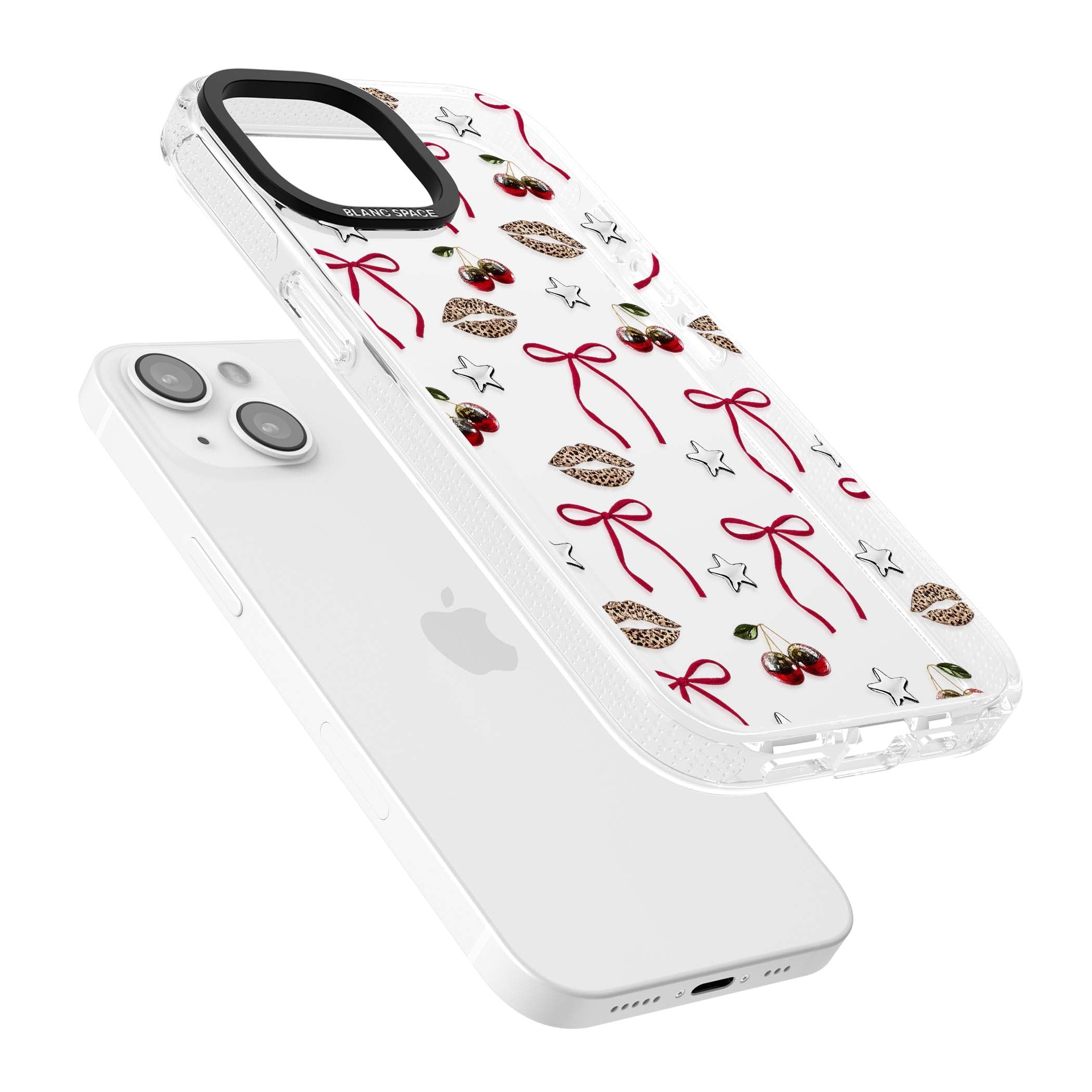 Starlet coquette iPhone case featuring red ribbon bows, disco cherries and leopard-print lips | Clear Case Impact Air case for iPhone 15, iPhone 15 Plus