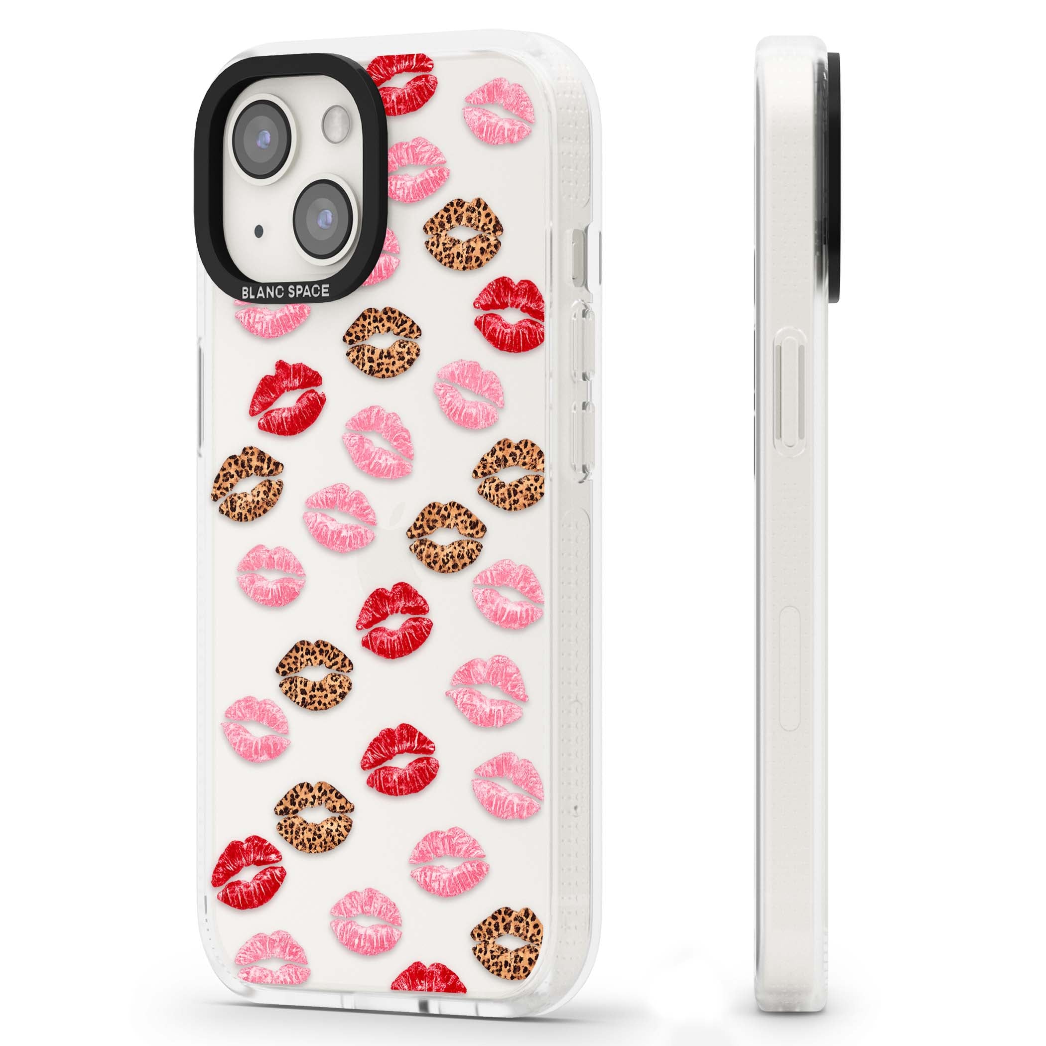 Wild Kisses coquette iPhone case featuring red, pink and leopard print lipstick kiss marks on a clear background | Clear Case Impact Air case for iPhone 15, iPhone 15 Plus