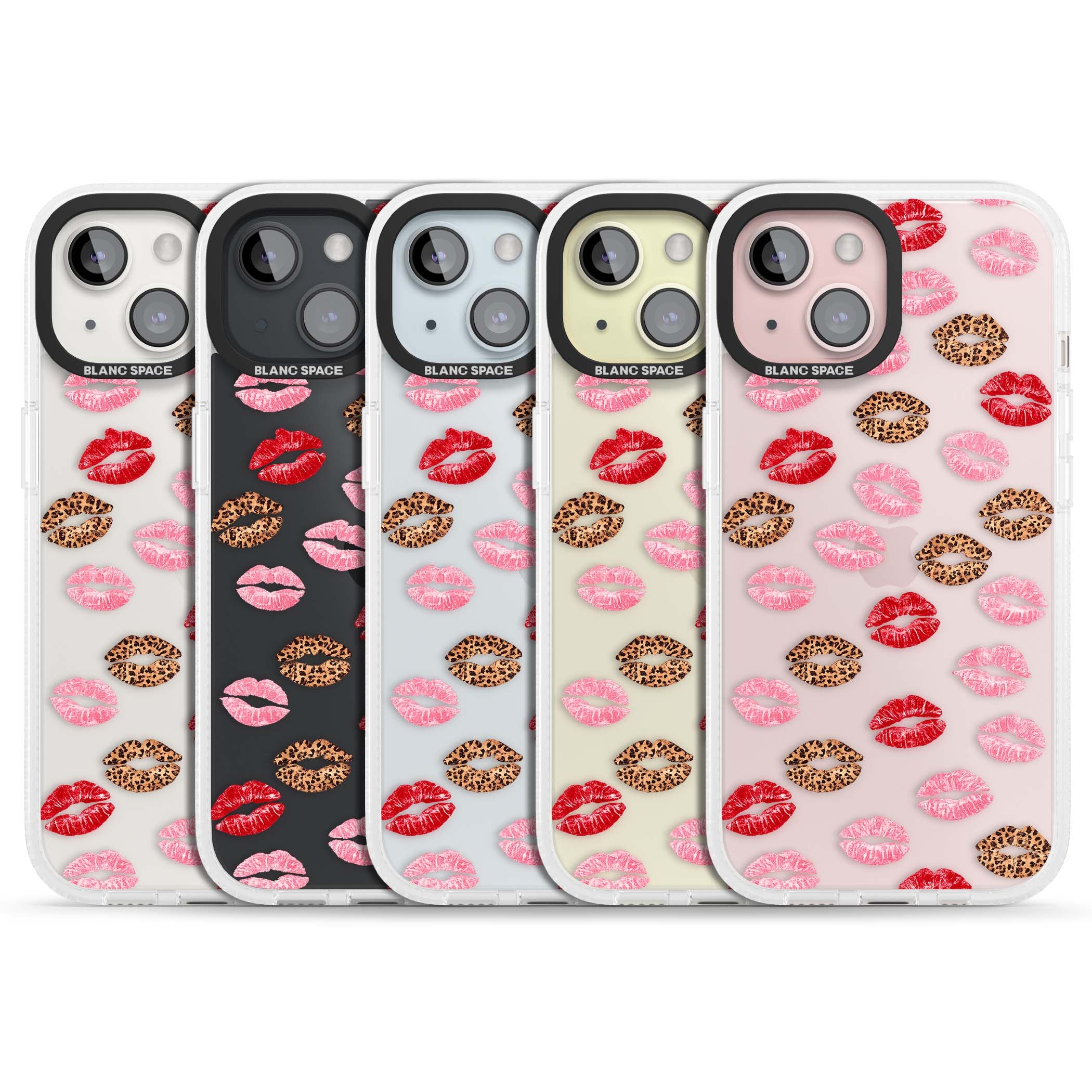 Wild Kisses coquette iPhone case featuring red, pink and leopard print lipstick kiss marks on a clear background | Clear Case Impact Air case for iPhone 15, iPhone 15 Plus