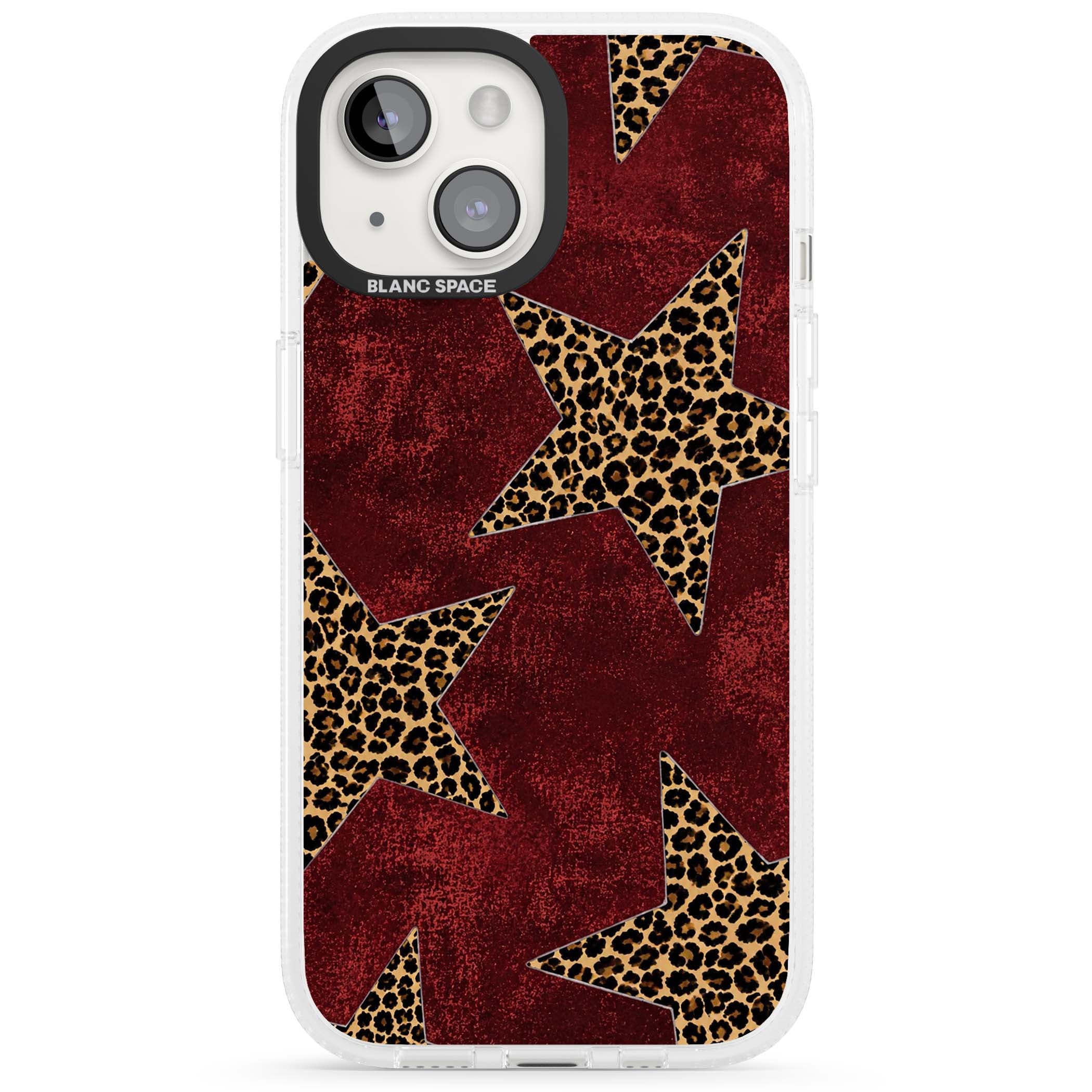 Showgirl leopard print iPhone case featuring cheetah print stars on distressed red grunge background | Clear Case Impact Air case for iPhone 15, iPhone 15 Plus