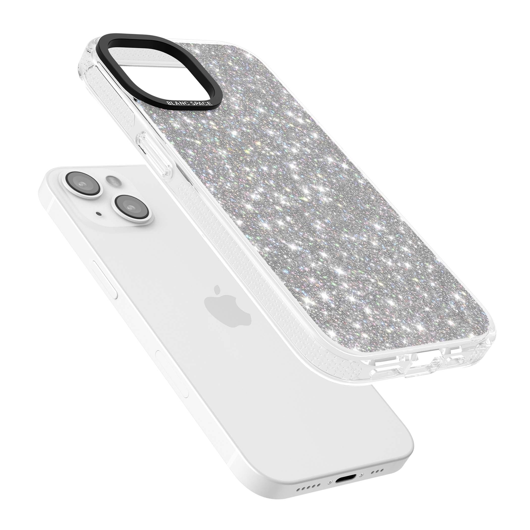 Diamond glam iPhone case featuring silver glitter sparkle and shimmering diamond dust effect | Clear Case Impact Air case for iPhone 15, iPhone 15 Plus