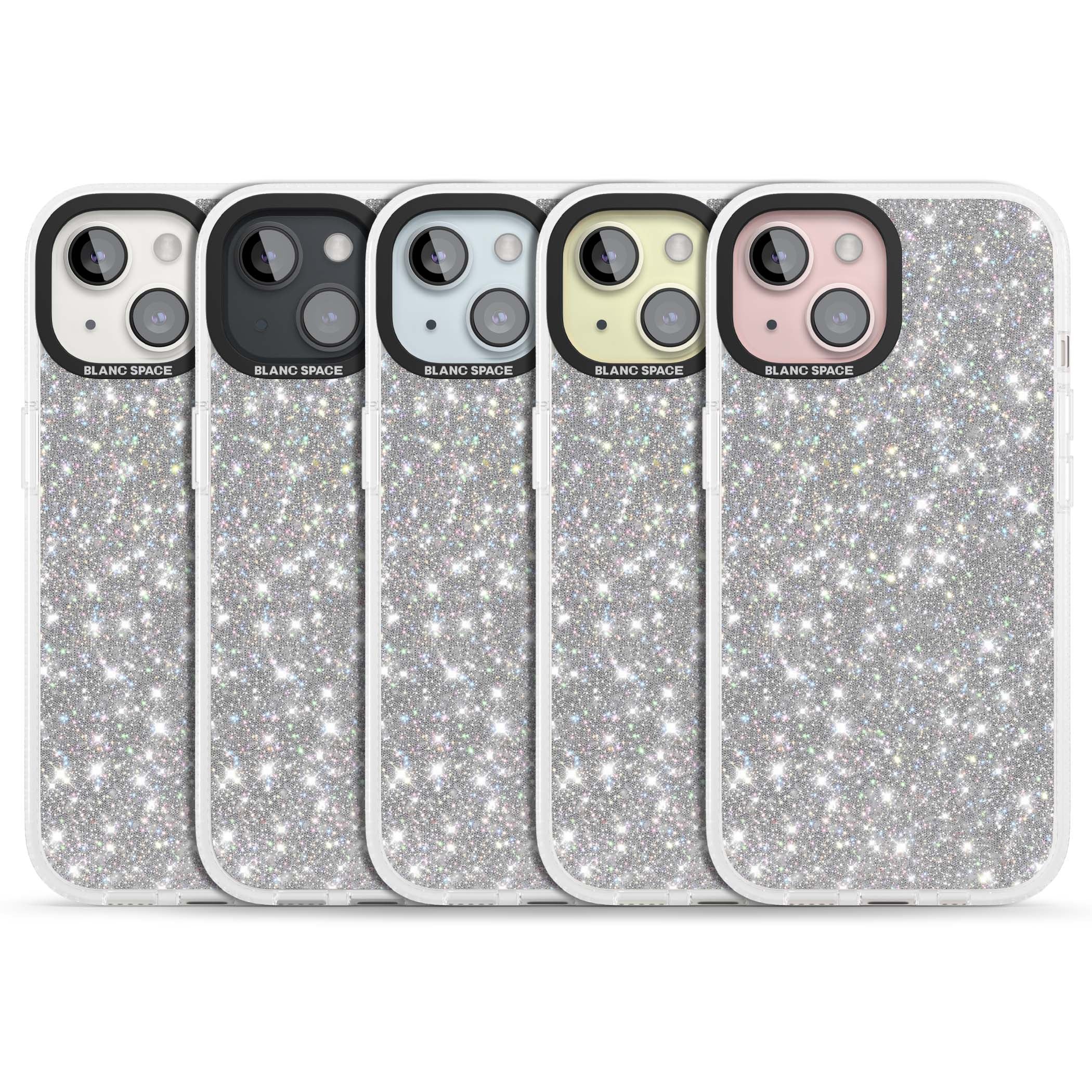 Diamond glam iPhone case featuring silver glitter sparkle and shimmering diamond dust effect | Clear Case Impact Air case for iPhone 15, iPhone 15 Plus