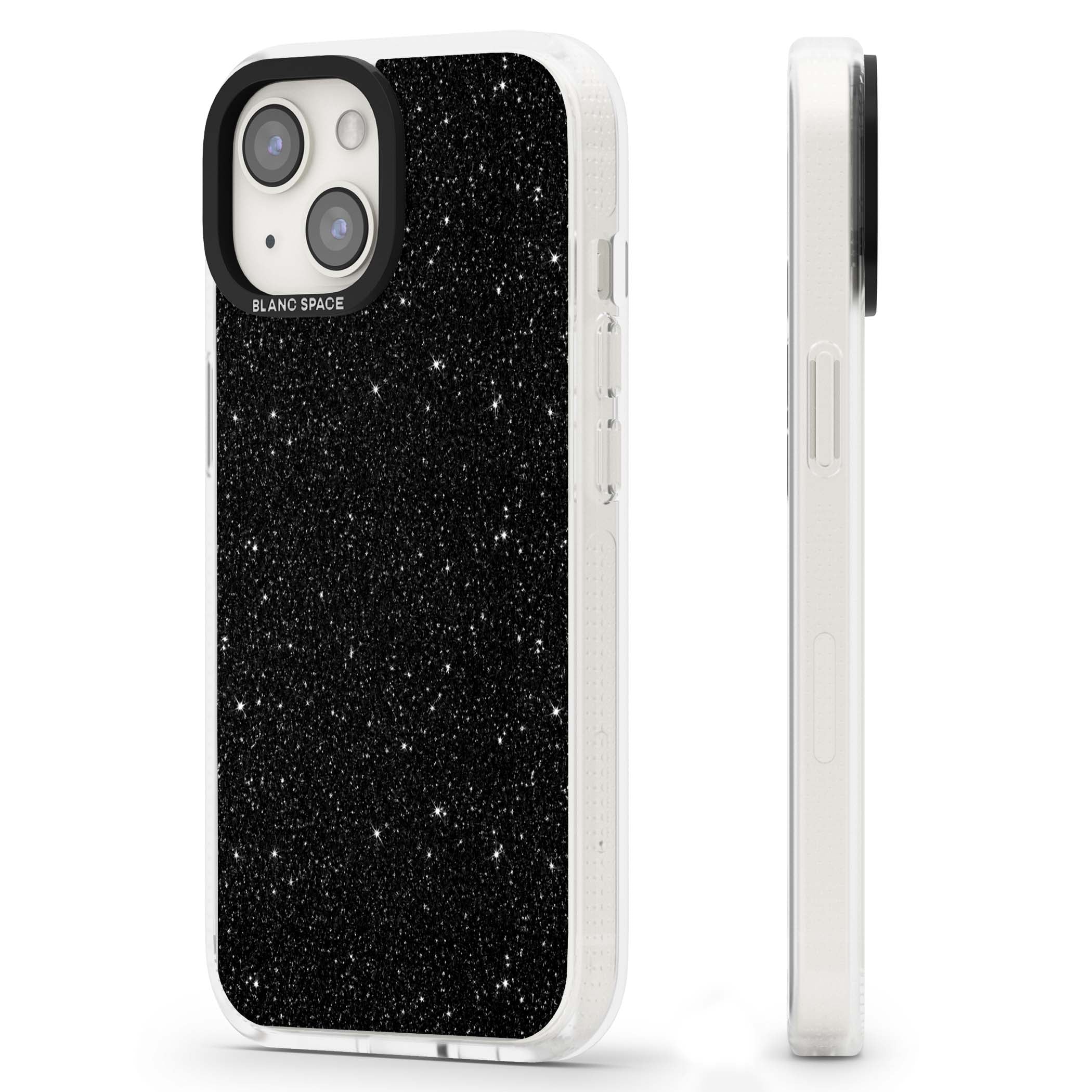 Black Glitter black glitter iPhone case featuring an all-over sparkly shimmer pattern on a jet black base | Clear Case Impact Air case for iPhone 15, iPhone 15 Plus