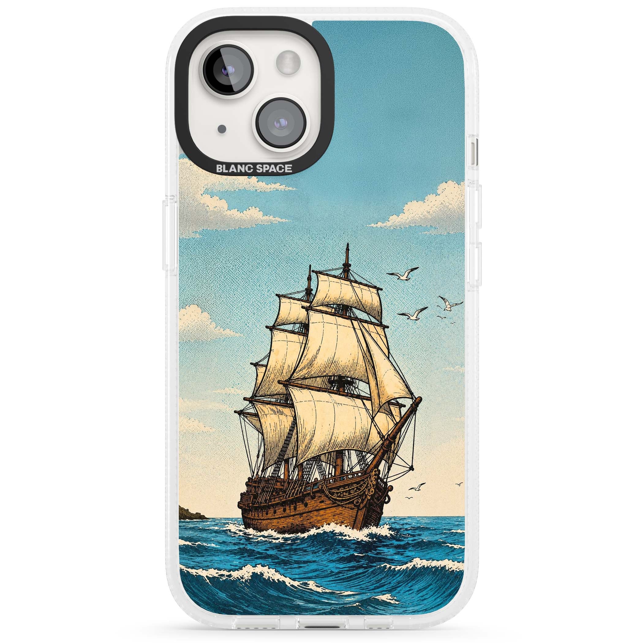 Ship at Sea nautical iPhone case featuring a vintage tall ship, ocean waves and seagulls | Clear Case Impact Air case for iPhone 15, iPhone 15 Plus