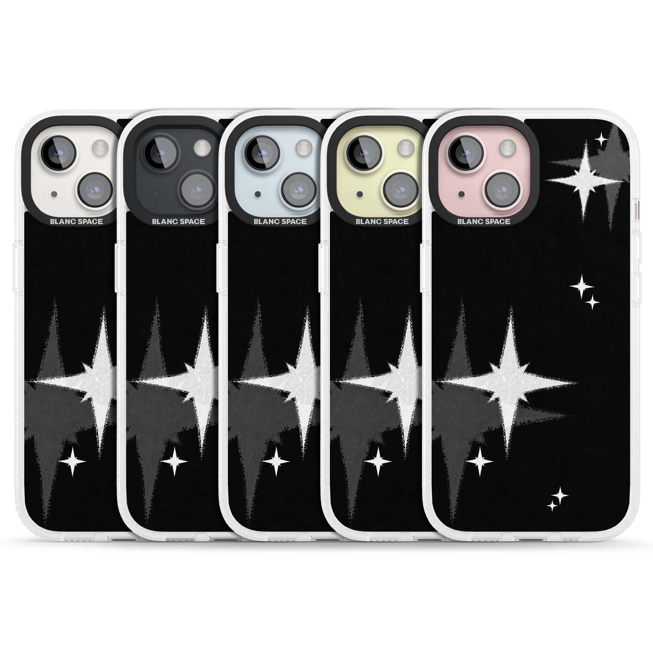 Black Sparkle celestial iPhone case featuring white sparkle stars on a black night sky background | Clear Case Impact Air case for iPhone 15, iPhone 15 Plus