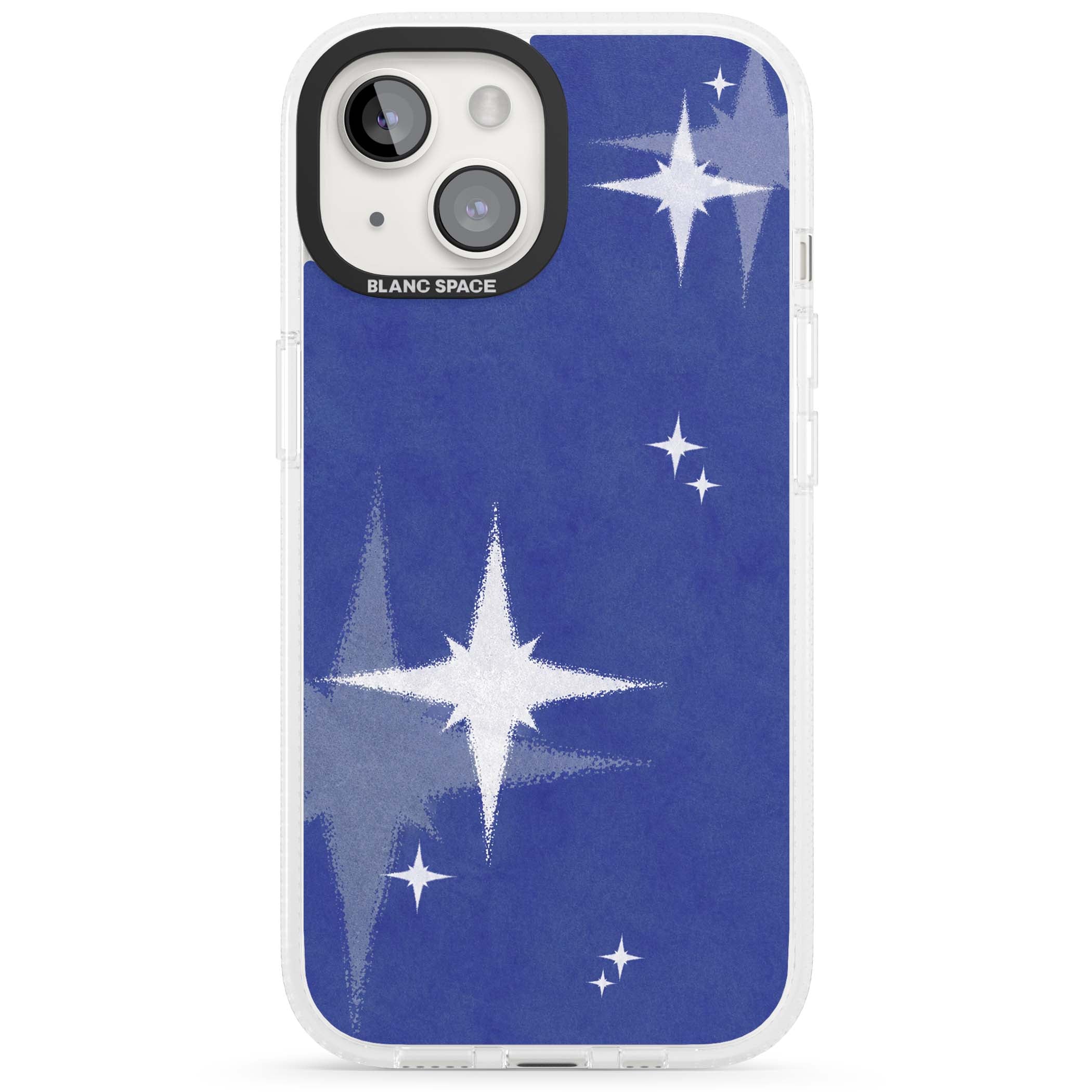 Blue Sparkle celestial iPhone case featuring sparkling silver stars on a deep blue painterly night sky | Clear Case Impact Air case for iPhone 15, iPhone 15 Plus