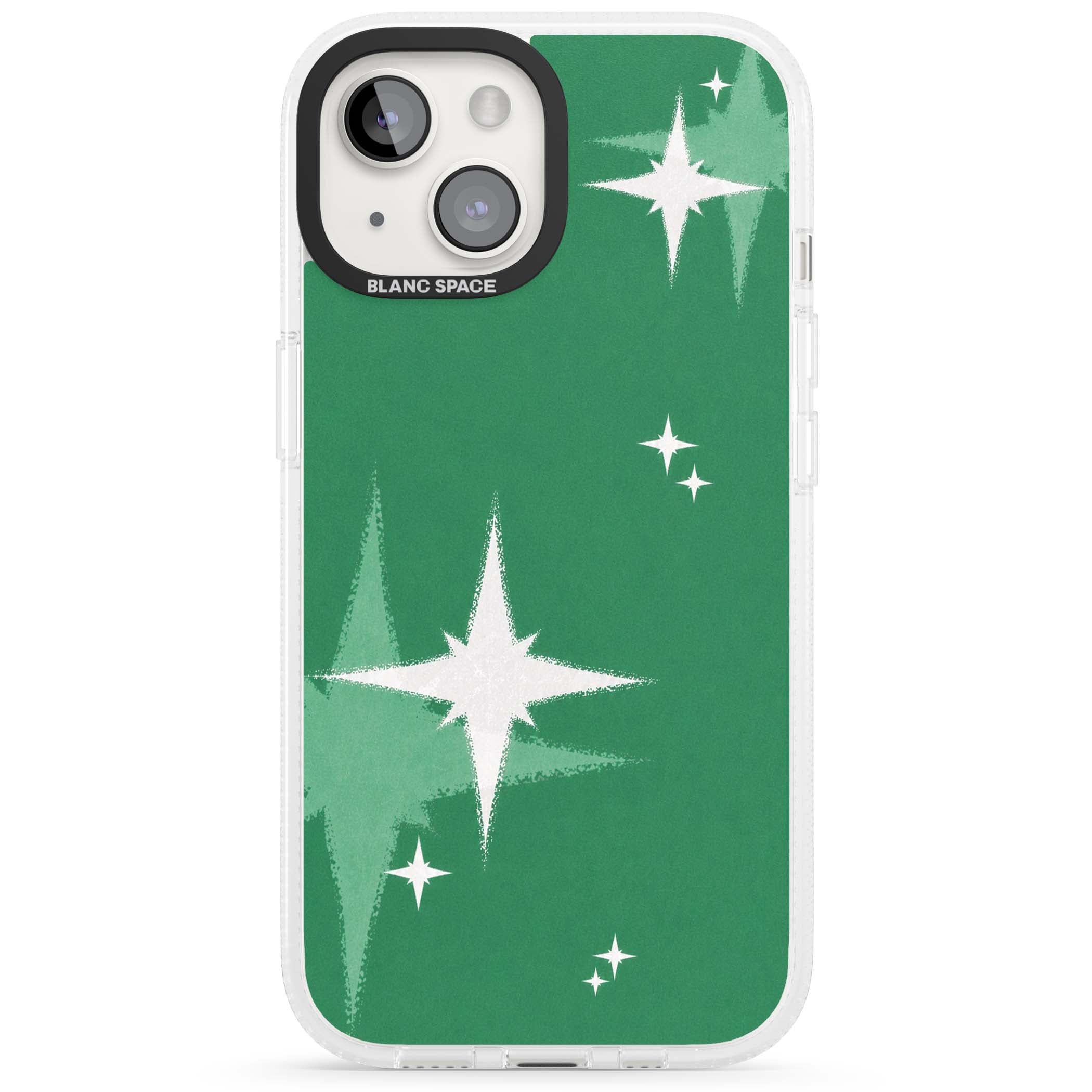 Green Sparkle celestial iPhone case featuring sparkling white four-point stars on a deep green background | Clear Case Impact Air case for iPhone 15, iPhone 15 Plus