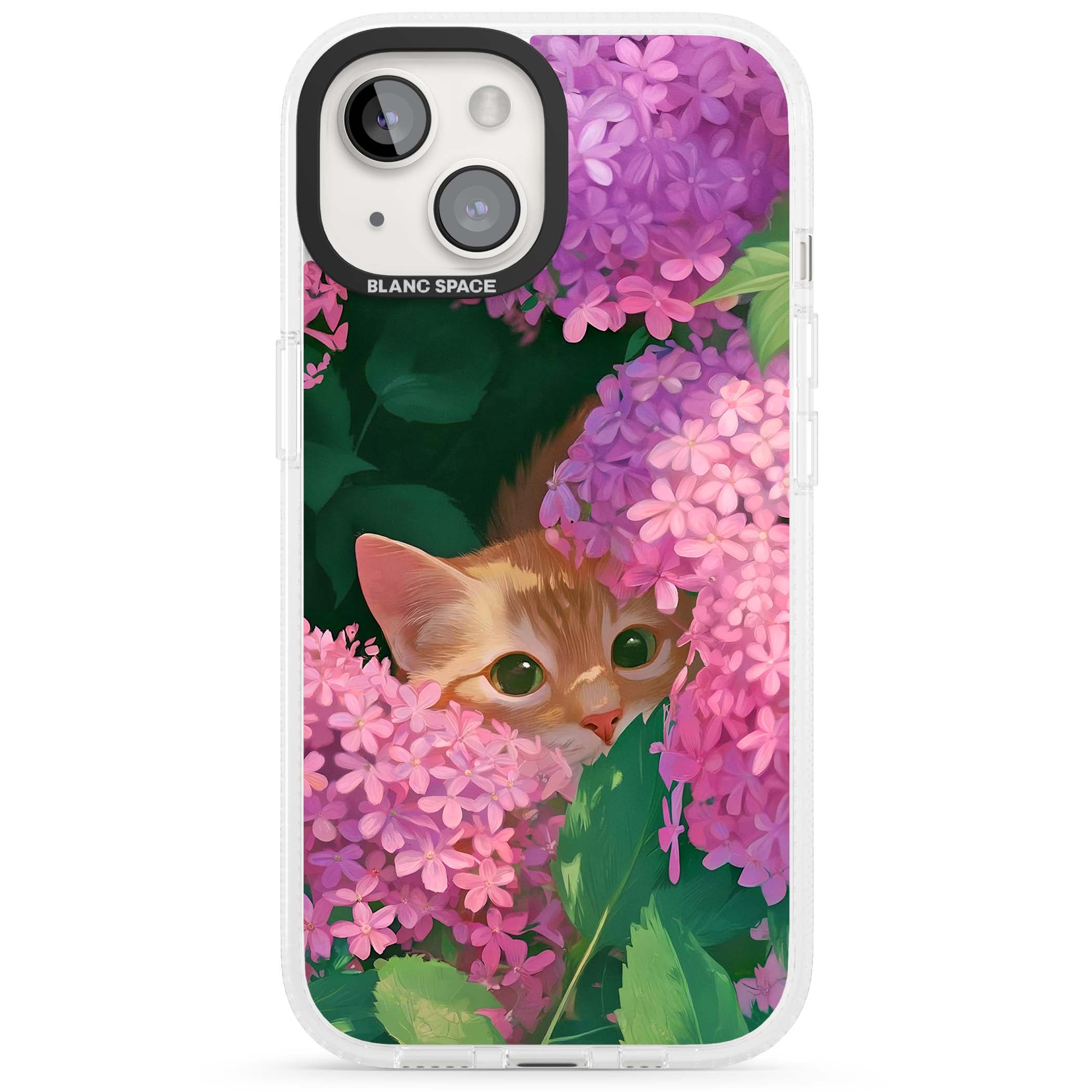 Cat In Pink Flowers cottagecore iPhone case featuring a ginger kitten peeking through lilac and pink hydrangea flo | Clear Case Impact Air case for iPhone 15, iPhone 15 Plus