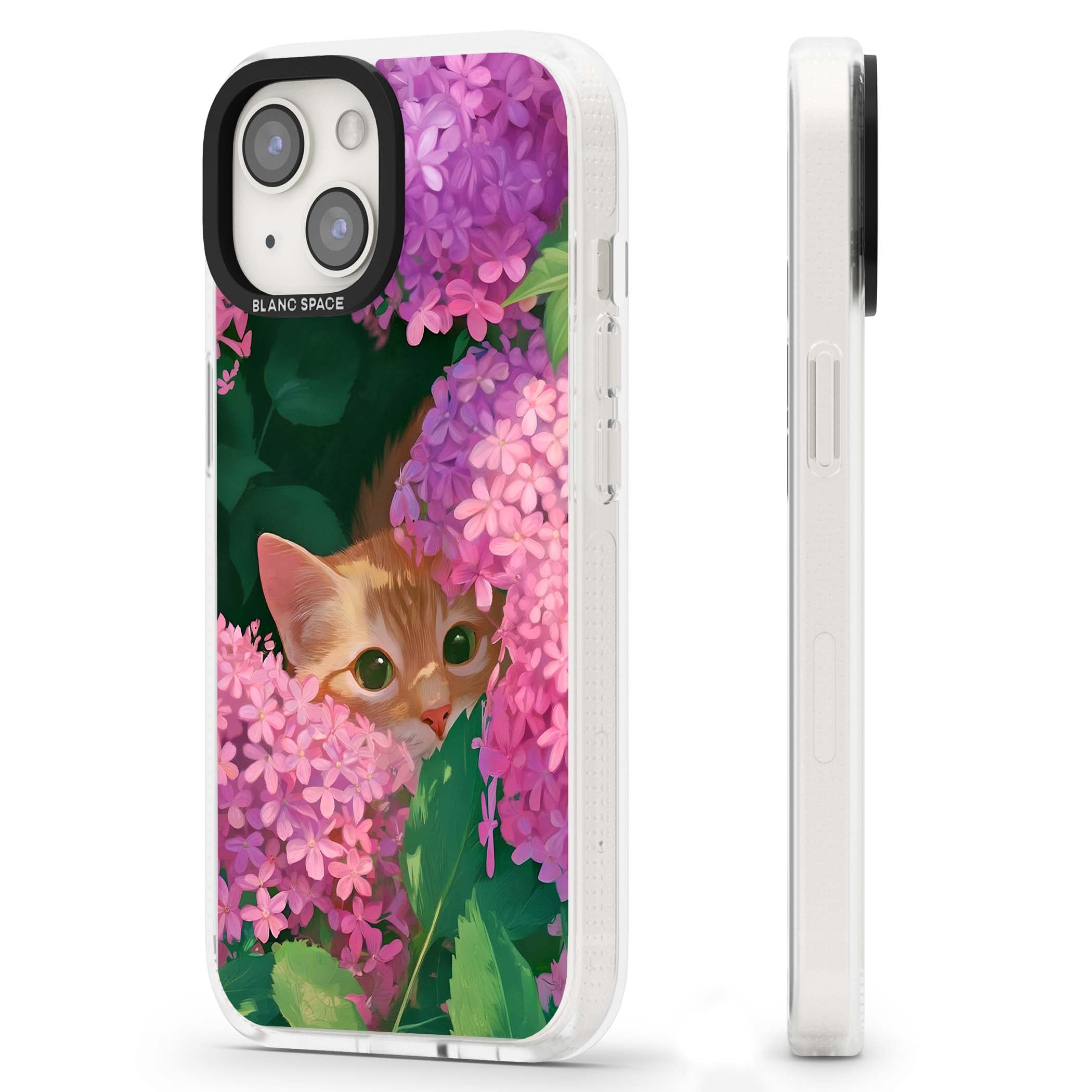 Cat In Pink Flowers cottagecore iPhone case featuring a ginger kitten peeking through lilac and pink hydrangea flo | Clear Case Impact Air case for iPhone 15, iPhone 15 Plus