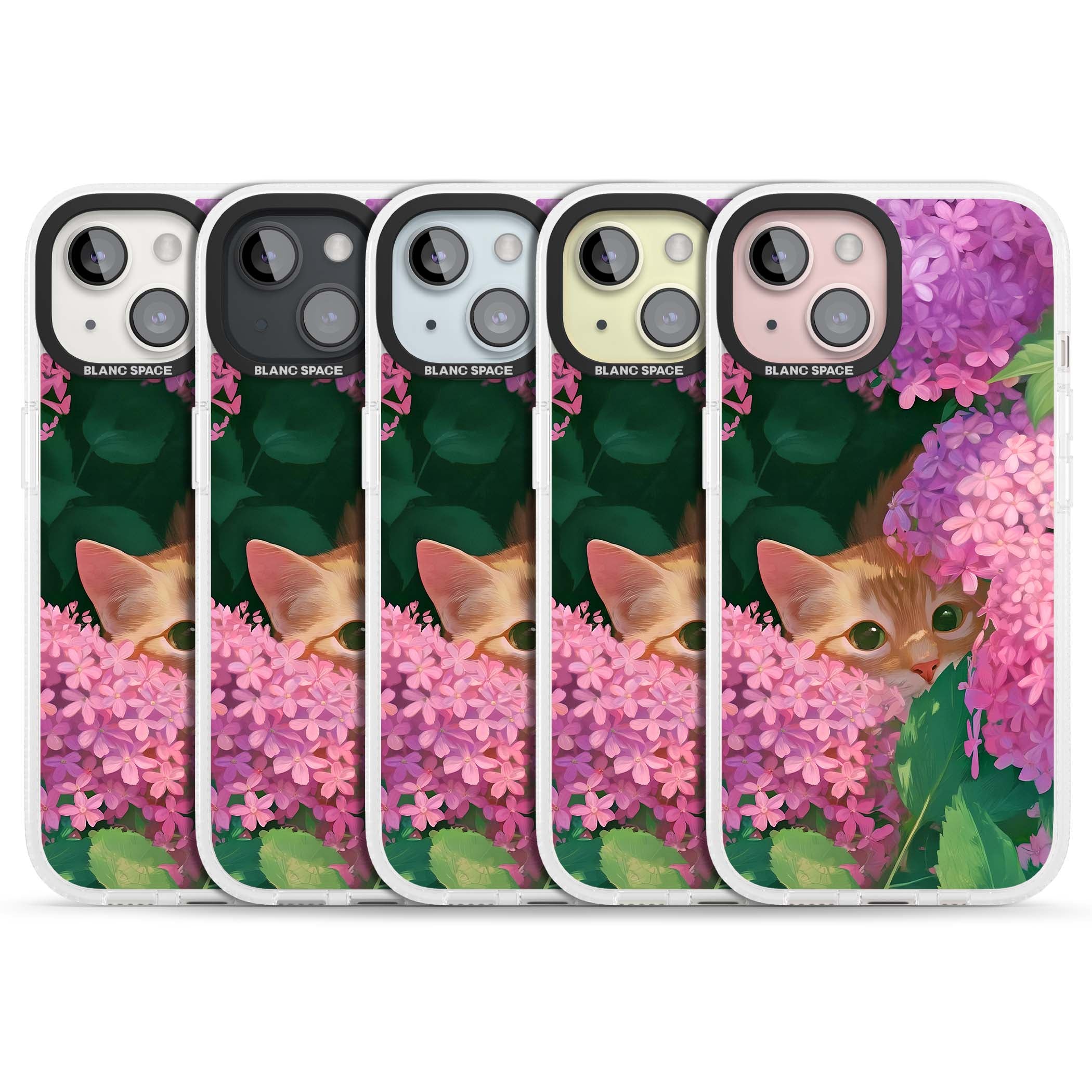 Cat In Pink Flowers cottagecore iPhone case featuring a ginger kitten peeking through lilac and pink hydrangea flo | Clear Case Impact Air case for iPhone 15, iPhone 15 Plus