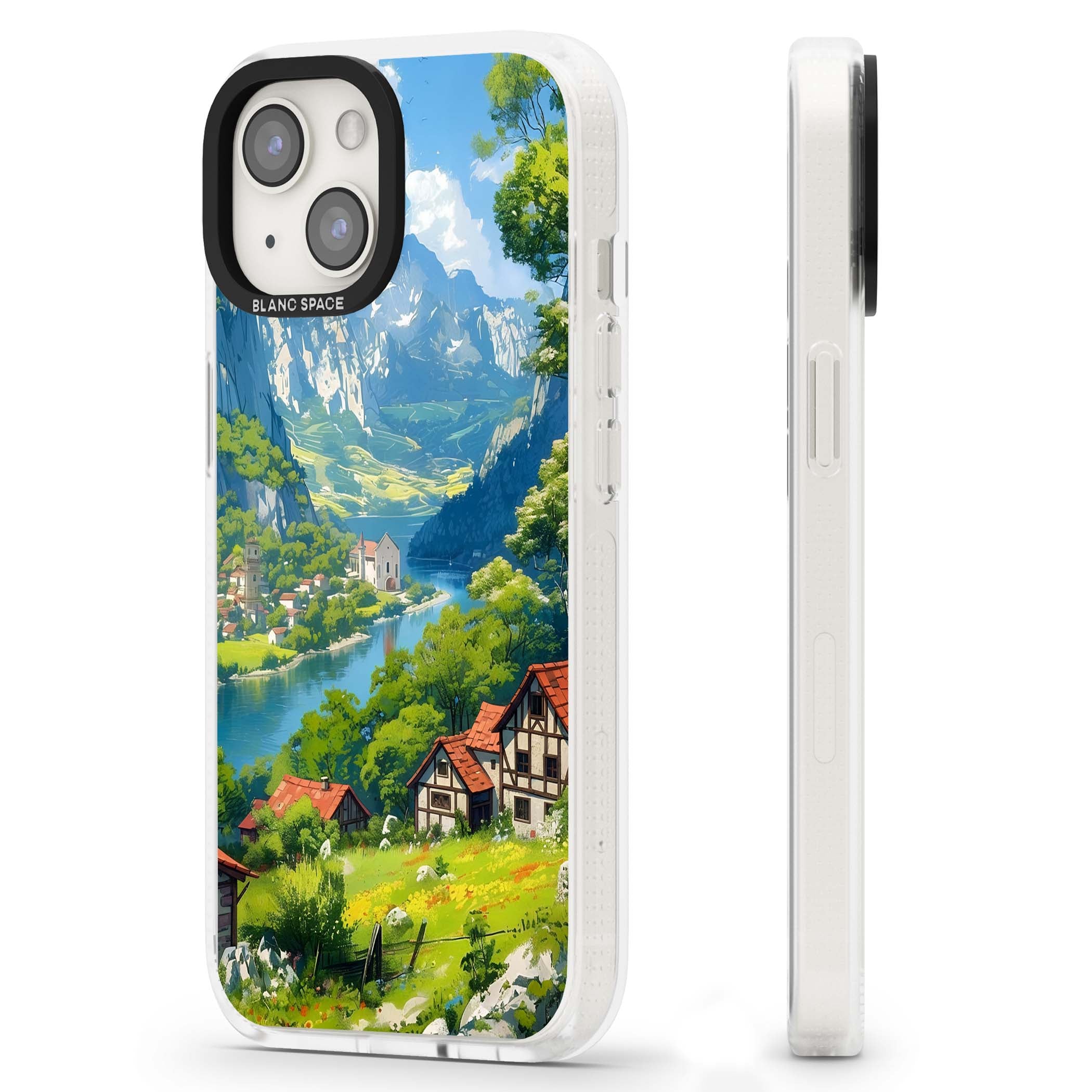 Village In The Valley anime iPhone case featuring a painted mountain village, river valley and half-timbered cottages. | Clear Case Impact Air case for iPhone 15, iPhone 15 Plus