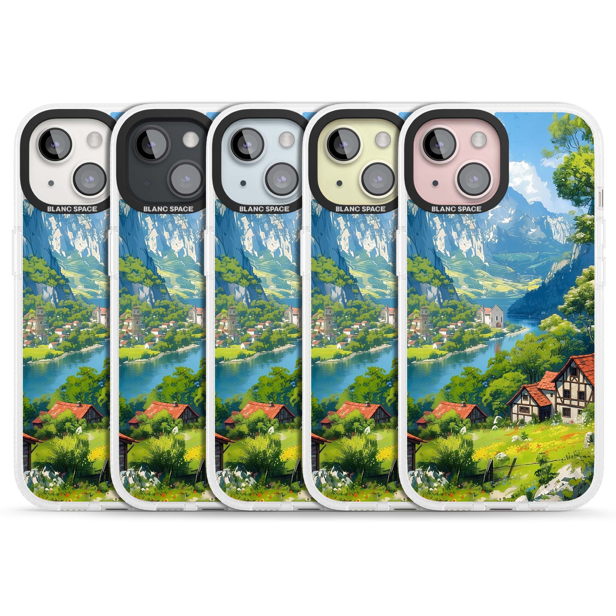 Village In The Valley anime iPhone case featuring a painted mountain village, river valley and half-timbered cottages. | Clear Case Impact Air case for iPhone 15, iPhone 15 Plus