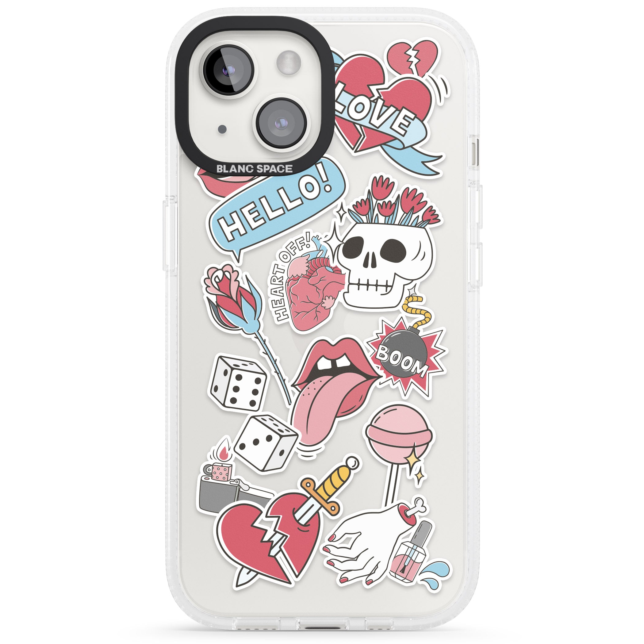 Skull & Flowers Sticker iPhone 15 / 14 / 13 Clear Case Impact Air - Blanc Space