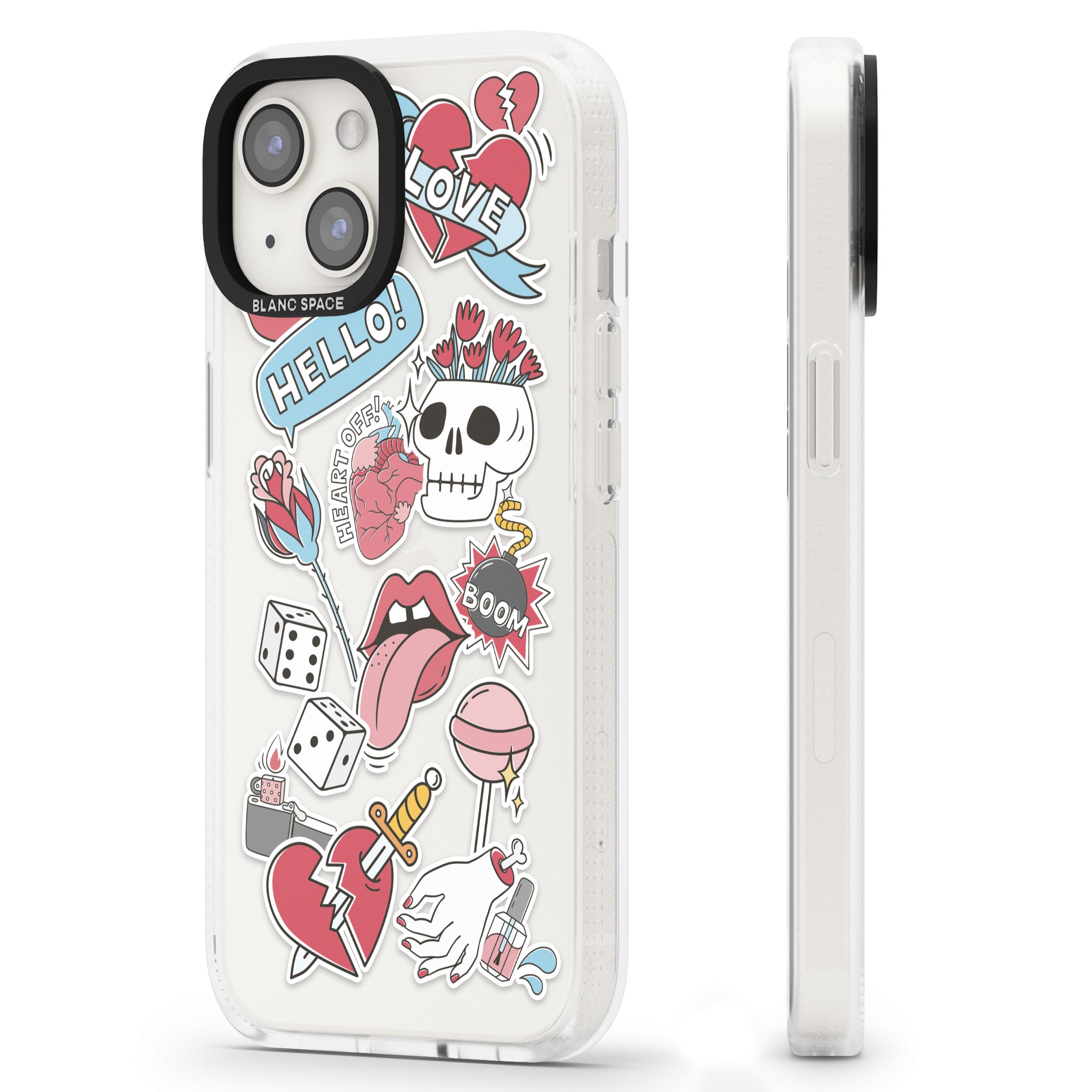 Skull & Flowers Sticker iPhone 15 / 14 / 13 Clear Case Impact Air - Blanc Space