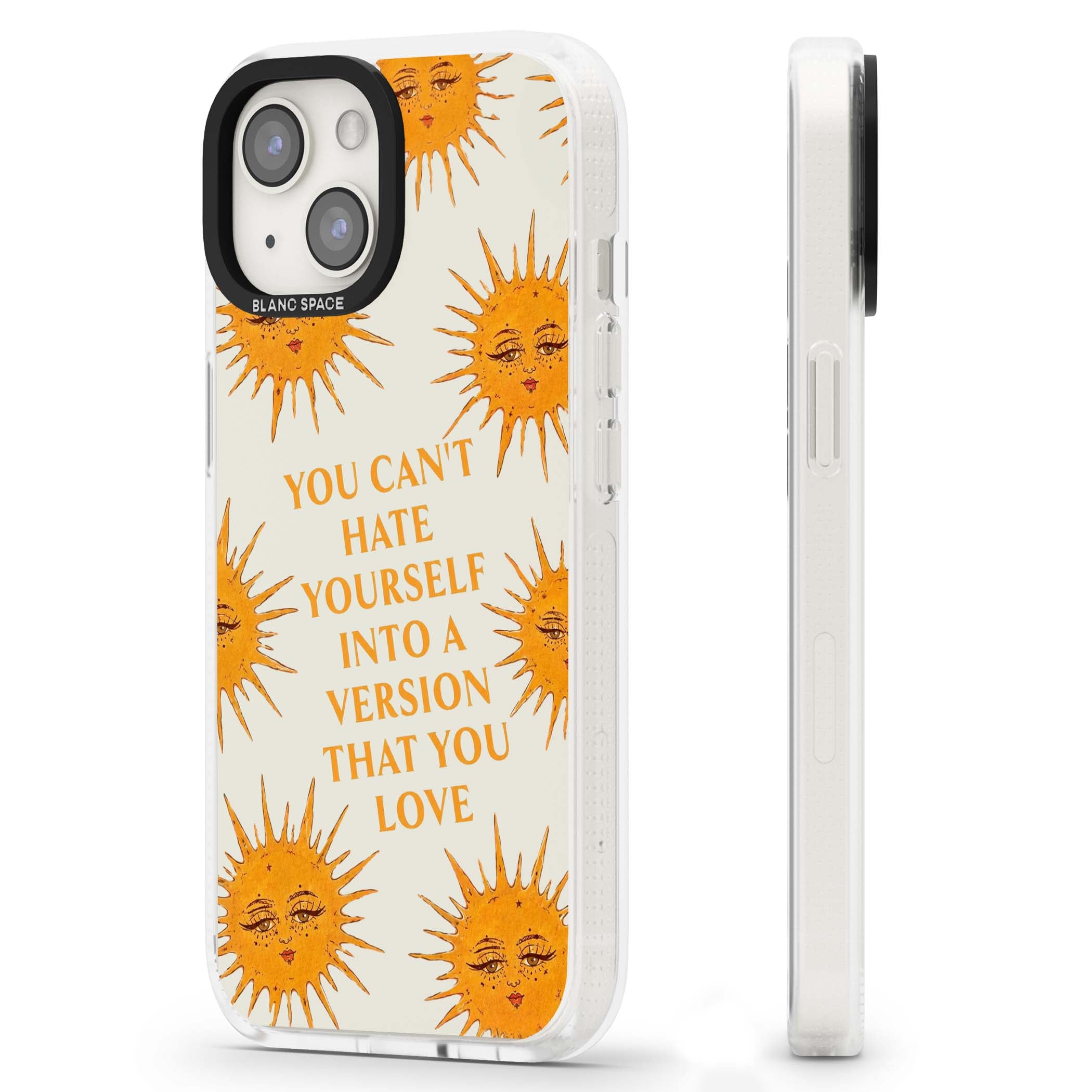 Don't Hate Yourself celestial iPhone case featuring vintage sun faces, ochre rays and a self-love quote | Clear Case Impact Air case for iPhone 15, iPhone 15 Plus