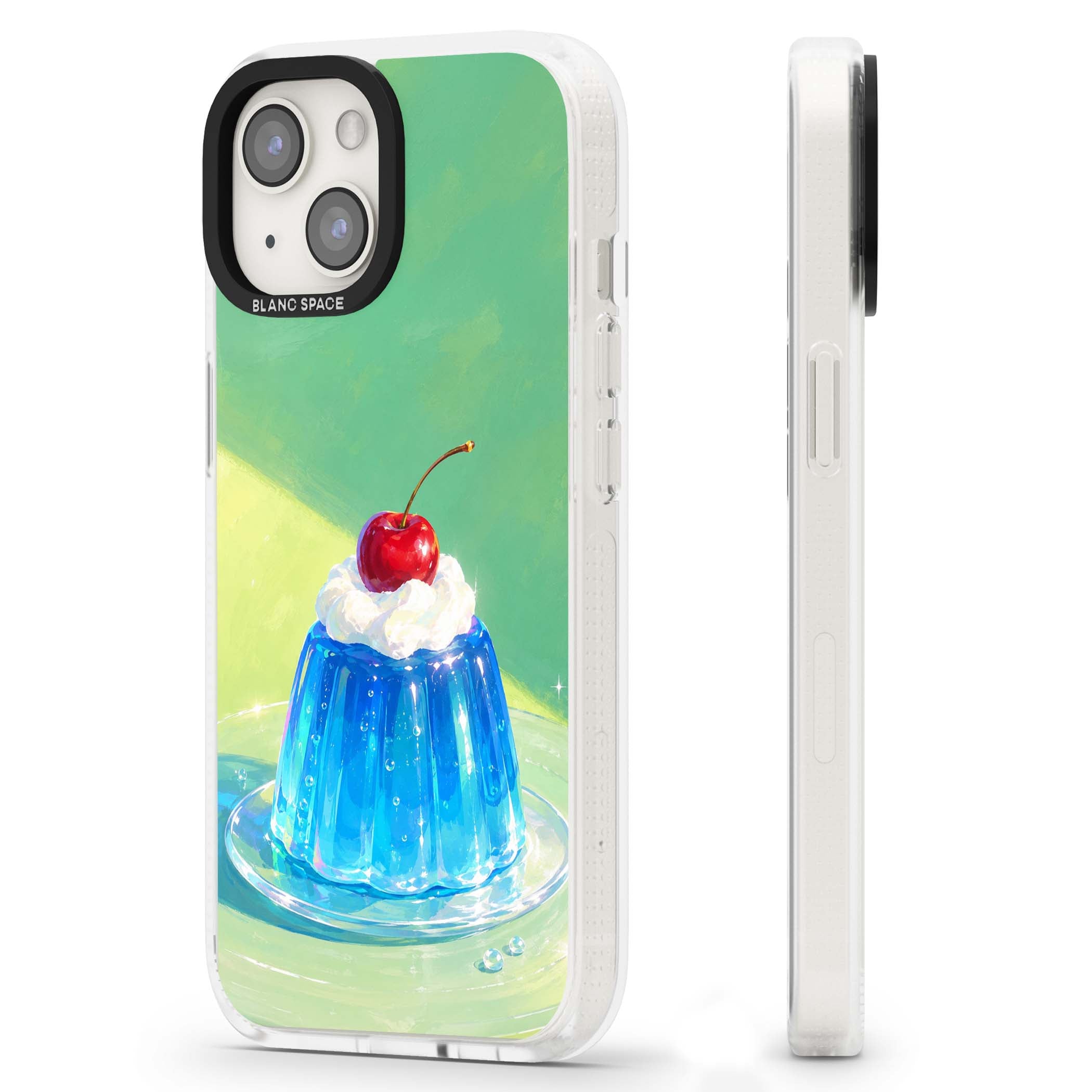 Cherry Jelly kawaii dessert iPhone case featuring blue jelly pudding, whipped cream and a red cherry | Clear Case Impact Air case for iPhone 15, iPhone 15 Plus