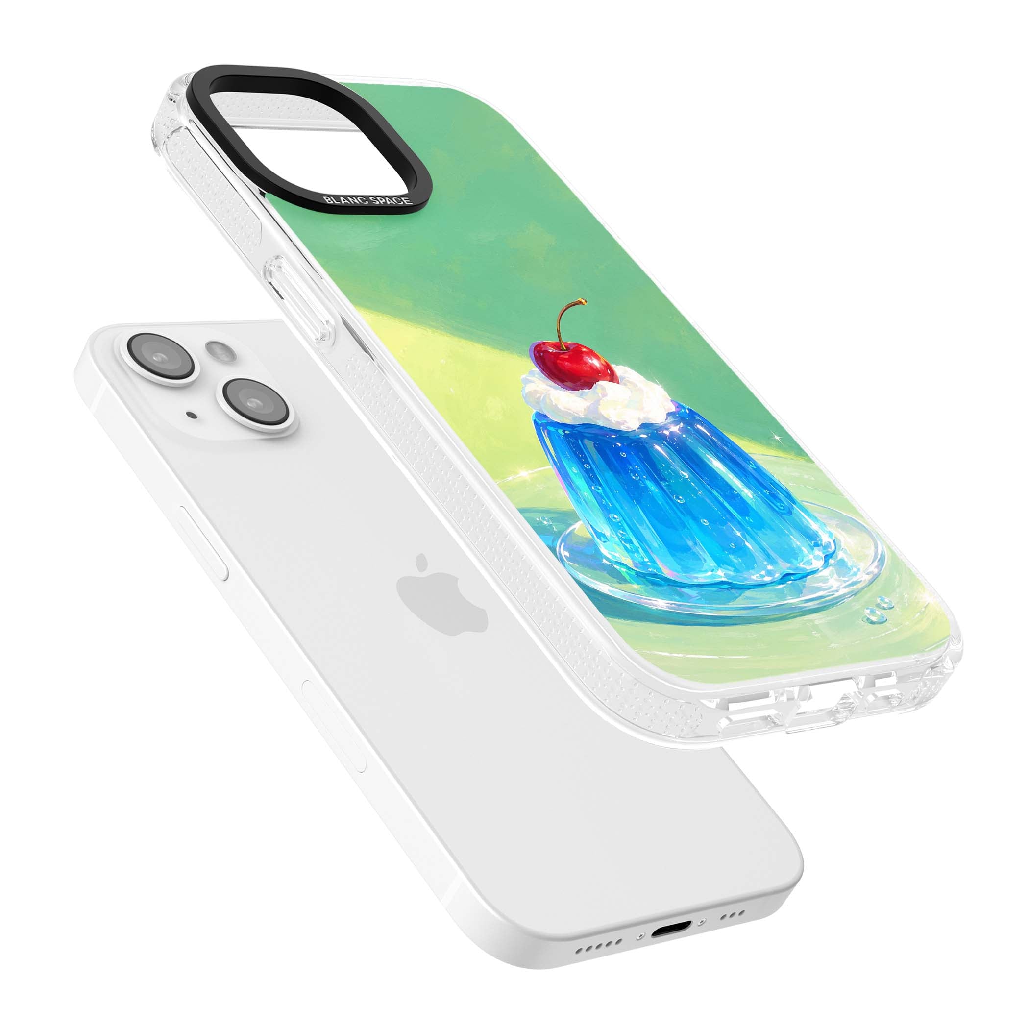 Cherry Jelly kawaii dessert iPhone case featuring blue jelly pudding, whipped cream and a red cherry | Clear Case Impact Air case for iPhone 15, iPhone 15 Plus