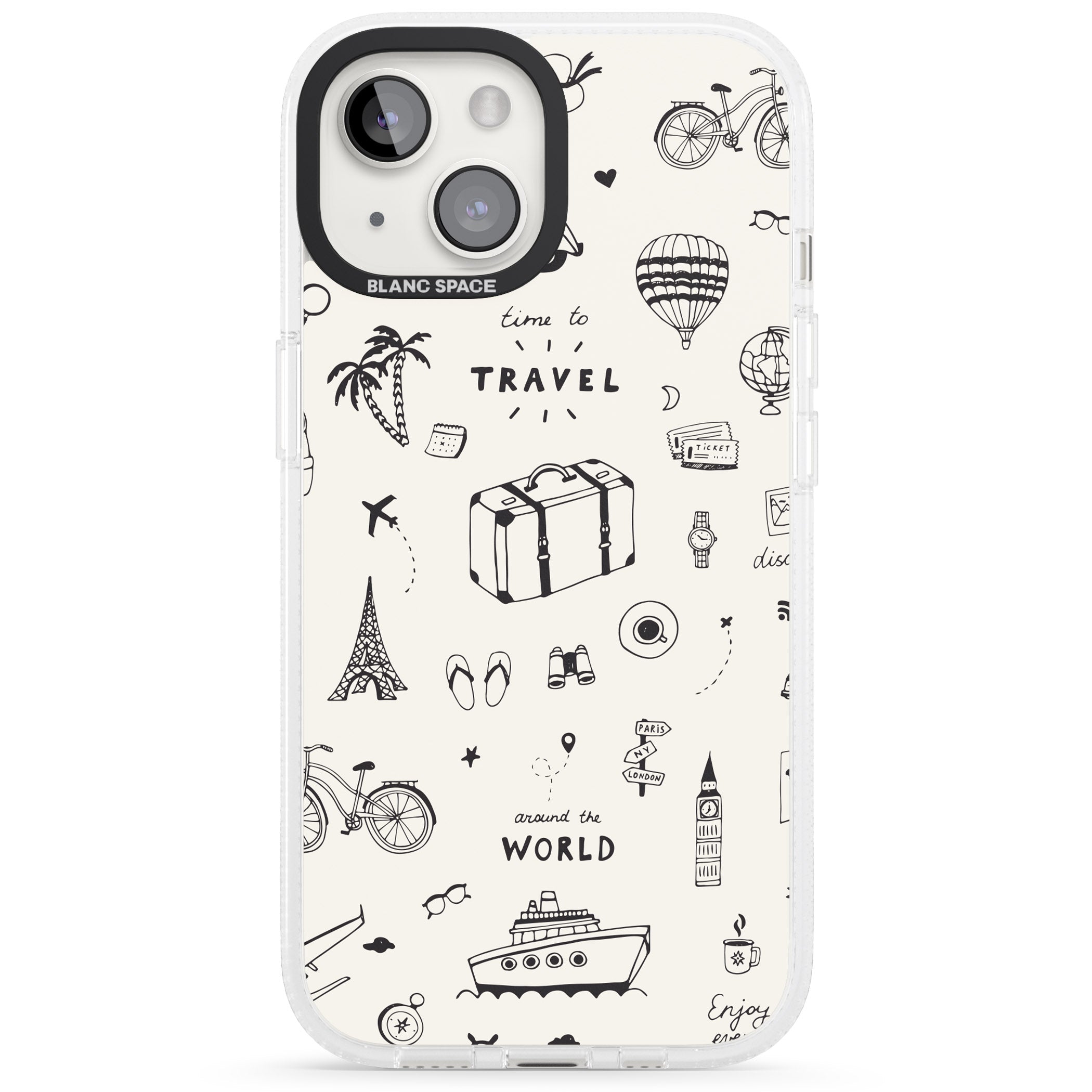 Cute Travel Pattern, White on iPhone 15 / 14 / 13 Clear Case Impact Air - Blanc Space