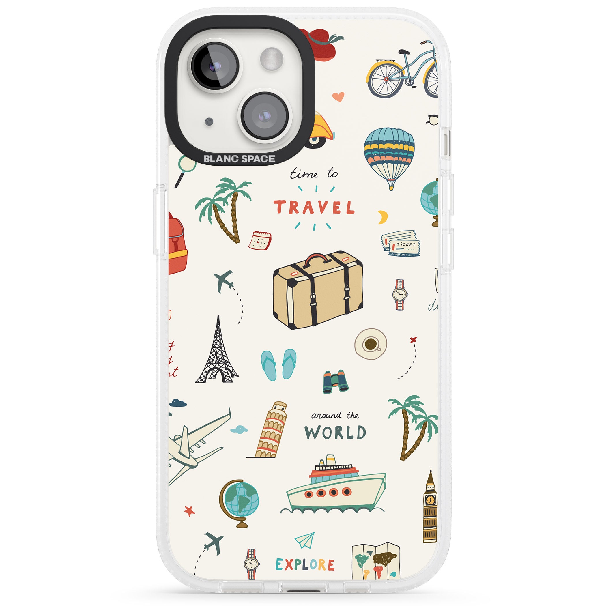 Cute Travel Pattern Cream iPhone 15 / 14 / 13 Clear Case Impact Air - Blanc Space
