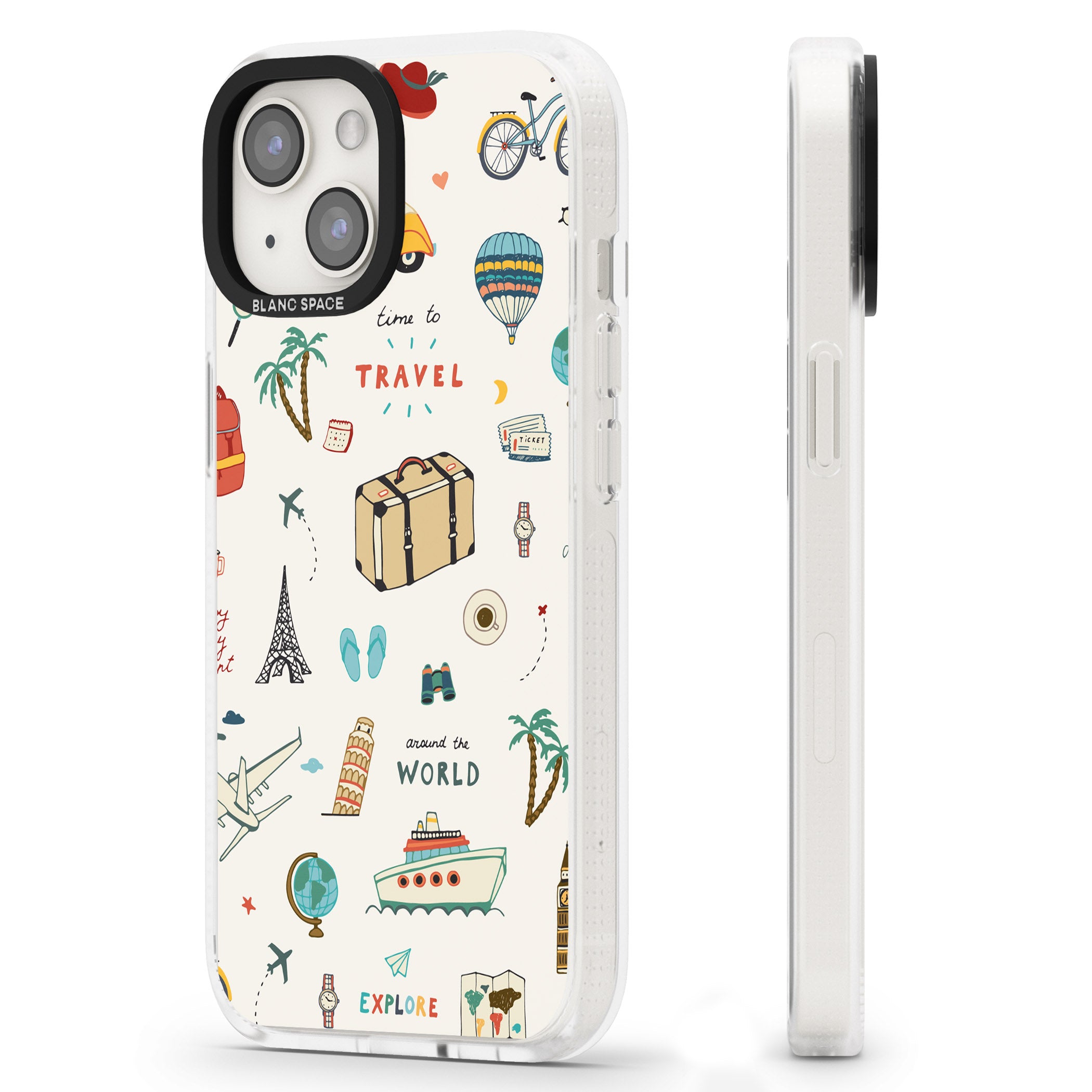 Cute Travel Pattern Cream iPhone 15 / 14 / 13 Clear Case Impact Air - Blanc Space
