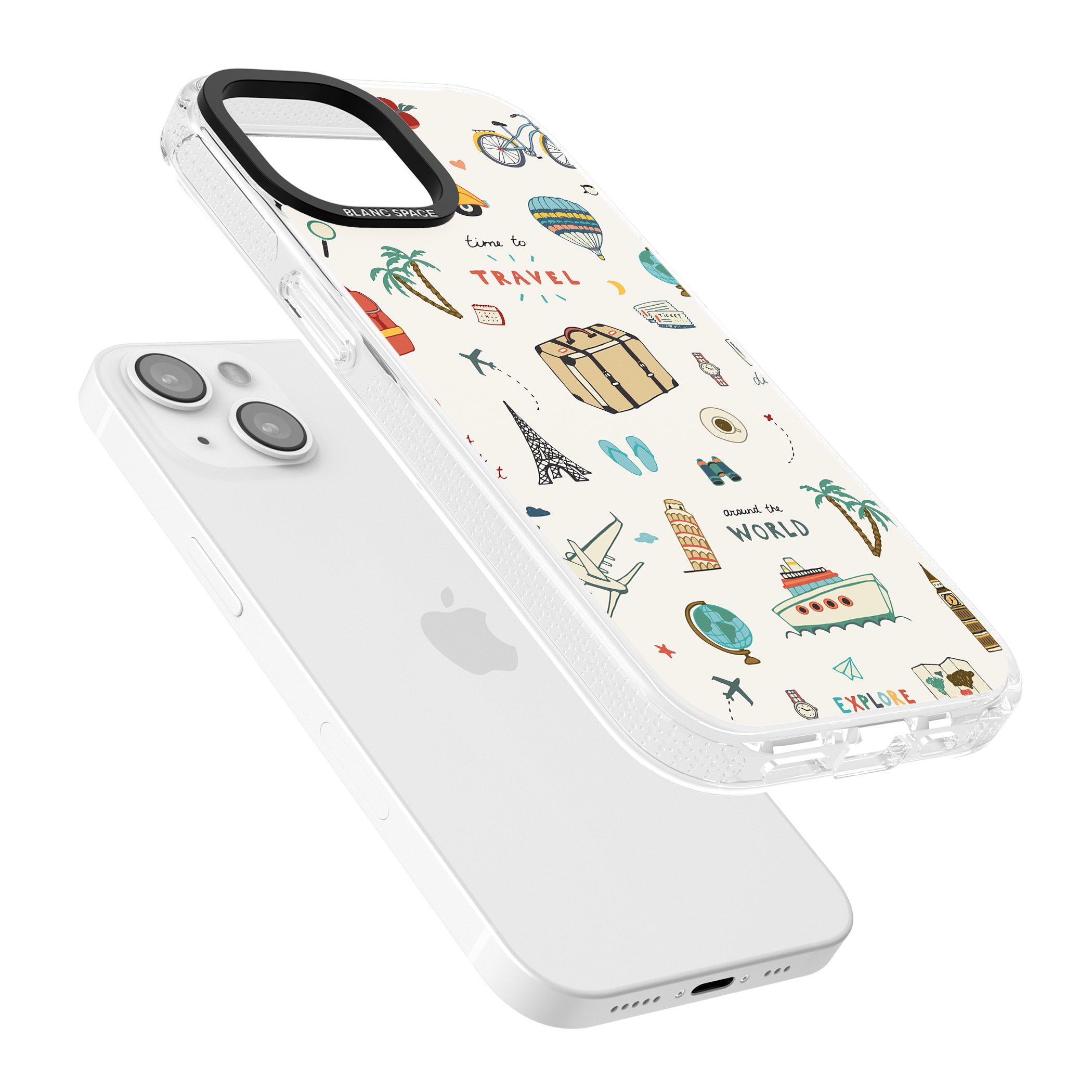 Cute Travel Pattern Cream iPhone 15 / 14 / 13 Clear Case Impact Air - Blanc Space