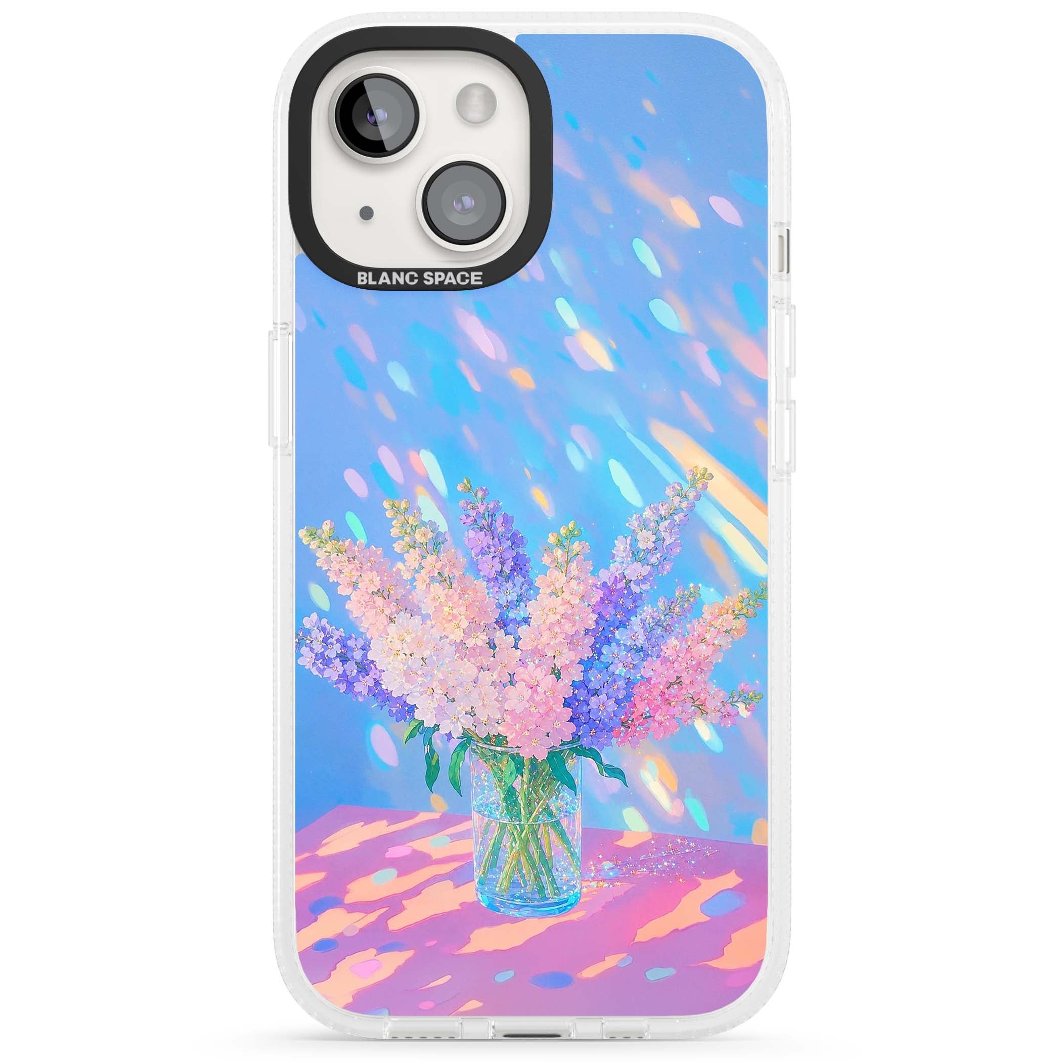 Bubblegum Flowers floral iPhone case featuring pastel lilac and pink bouquet in a glass vase with iridescent light | Clear Case Impact Air case for iPhone 15, iPhone 15 Plus