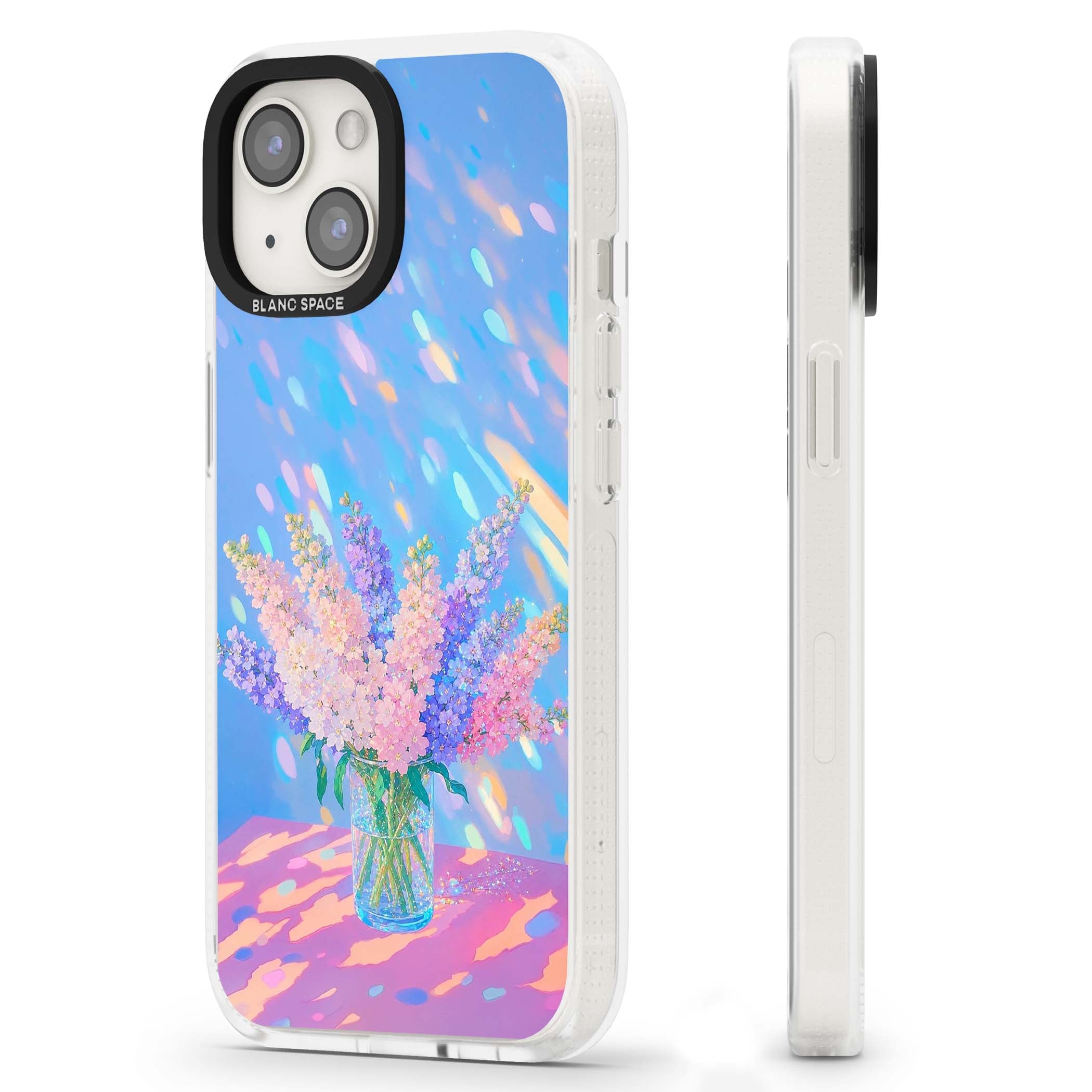 Bubblegum Flowers floral iPhone case featuring pastel lilac and pink bouquet in a glass vase with iridescent light | Clear Case Impact Air case for iPhone 15, iPhone 15 Plus
