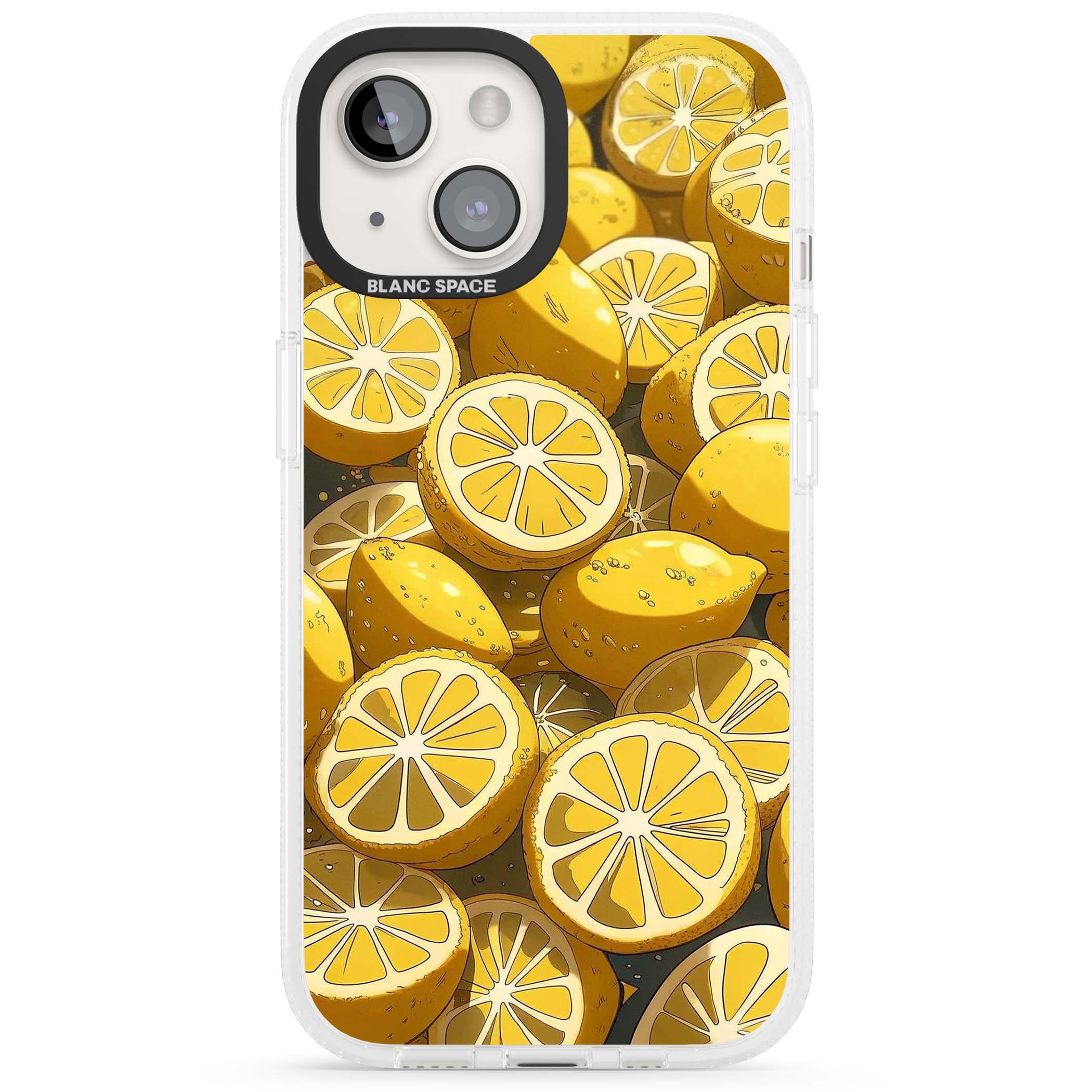 Zesty coastal iPhone case featuring illustrated Mediterranean lemons and citrus slices in golden yellow | Clear Case Impact Air case for iPhone 15, iPhone 15 Plus