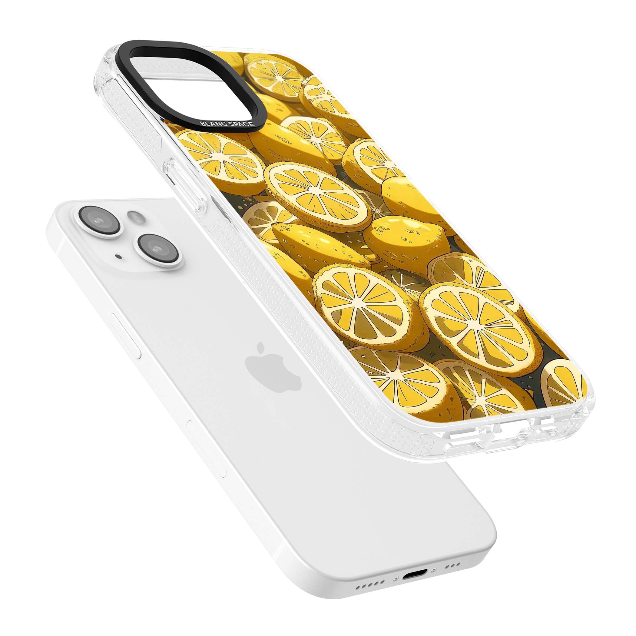 Zesty coastal iPhone case featuring illustrated Mediterranean lemons and citrus slices in golden yellow | Clear Case Impact Air case for iPhone 15, iPhone 15 Plus