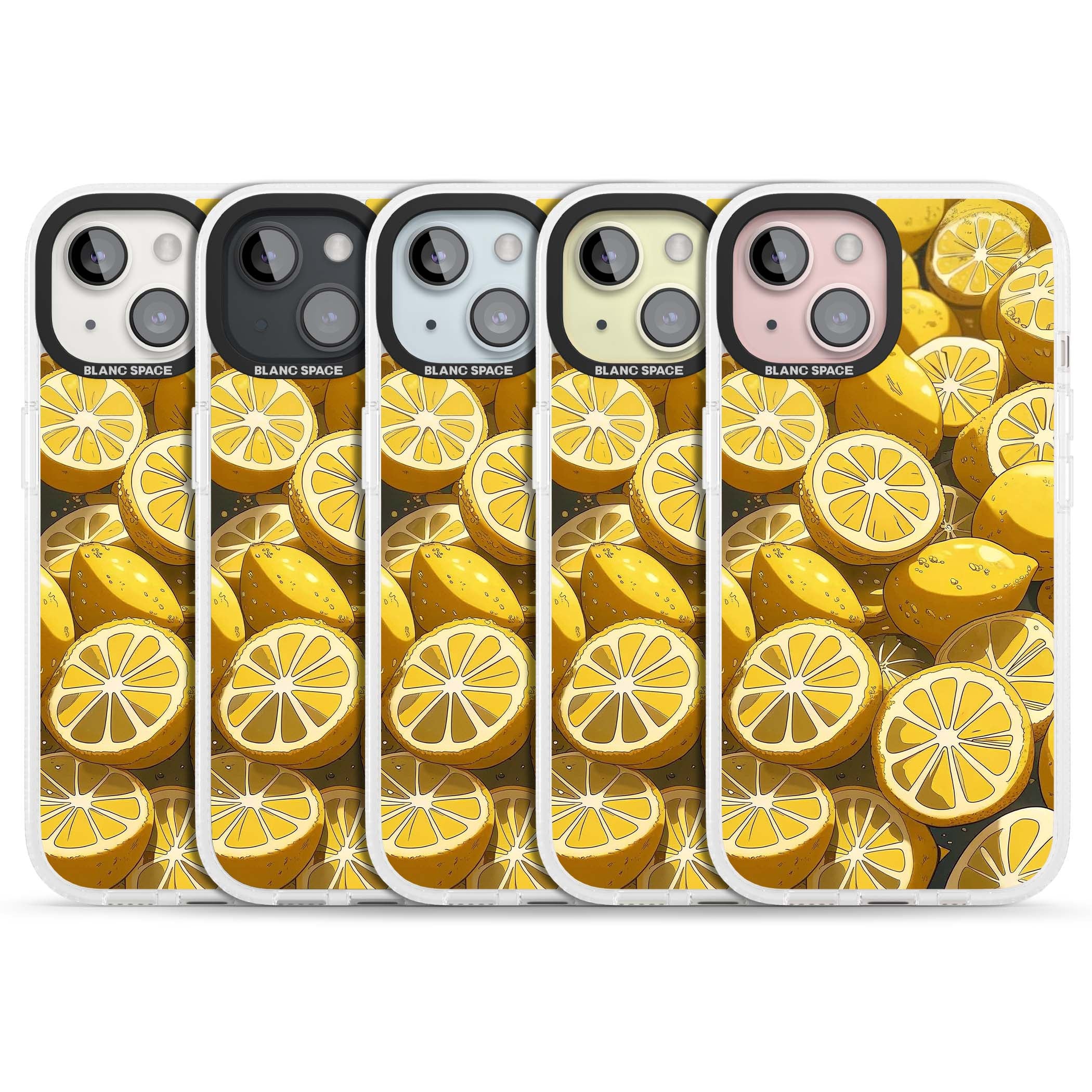 Zesty coastal iPhone case featuring illustrated Mediterranean lemons and citrus slices in golden yellow | Clear Case Impact Air case for iPhone 15, iPhone 15 Plus