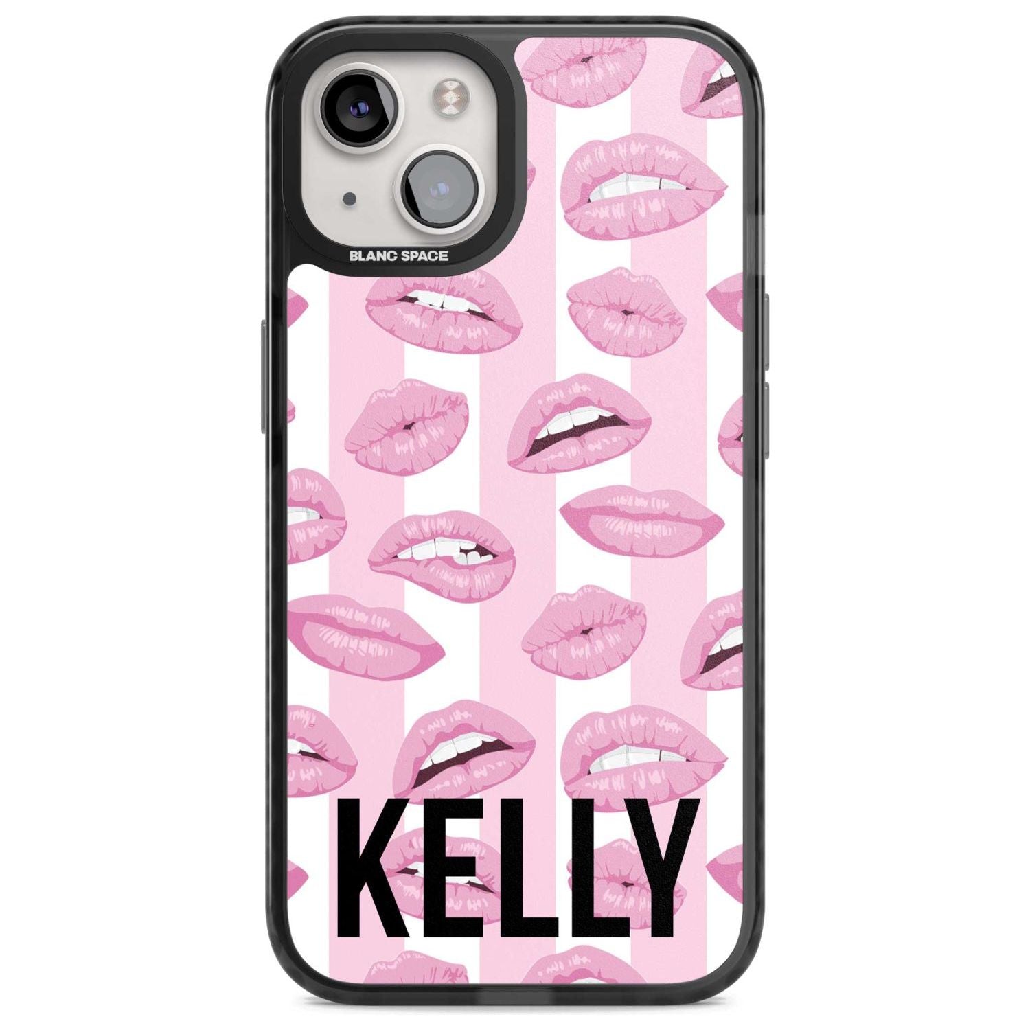 Personalised Pink Stripes & Lips Custom Phone Case iPhone 15 Plus / Magsafe Black Impact Case,iPhone 15 / Magsafe Black Impact Case,iPhone 14 Plus / Magsafe Black Impact Case,iPhone 14 / Magsafe Black Impact Case,iPhone 13 / Magsafe Black Impact Case Blanc Space