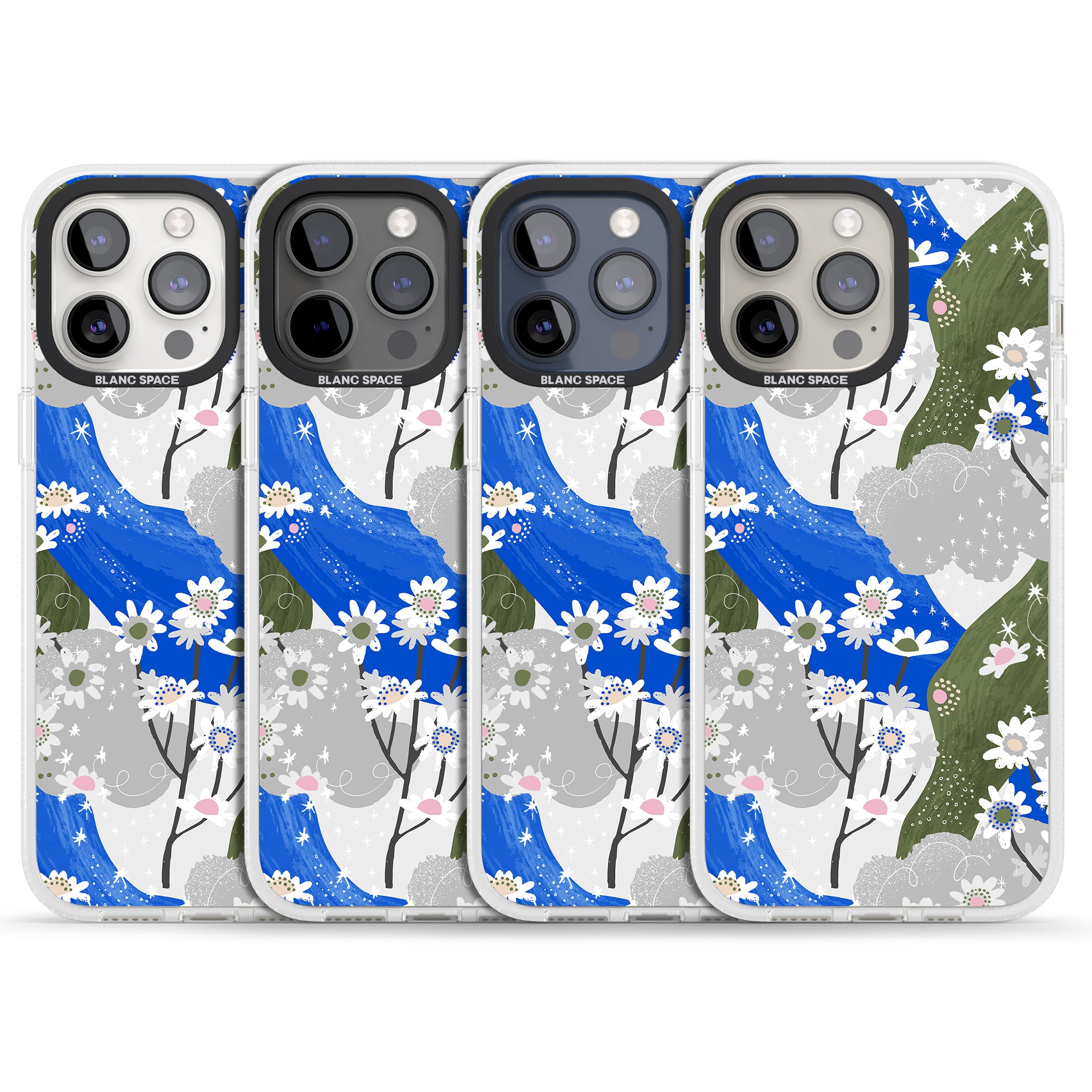 Blue & Grey Daisies Pattern iPhone 15 Pro Max / 15 Pro / 14 Pro Max / 14 Pro / 13 Pro Clear Case Impact Air - Blanc Space