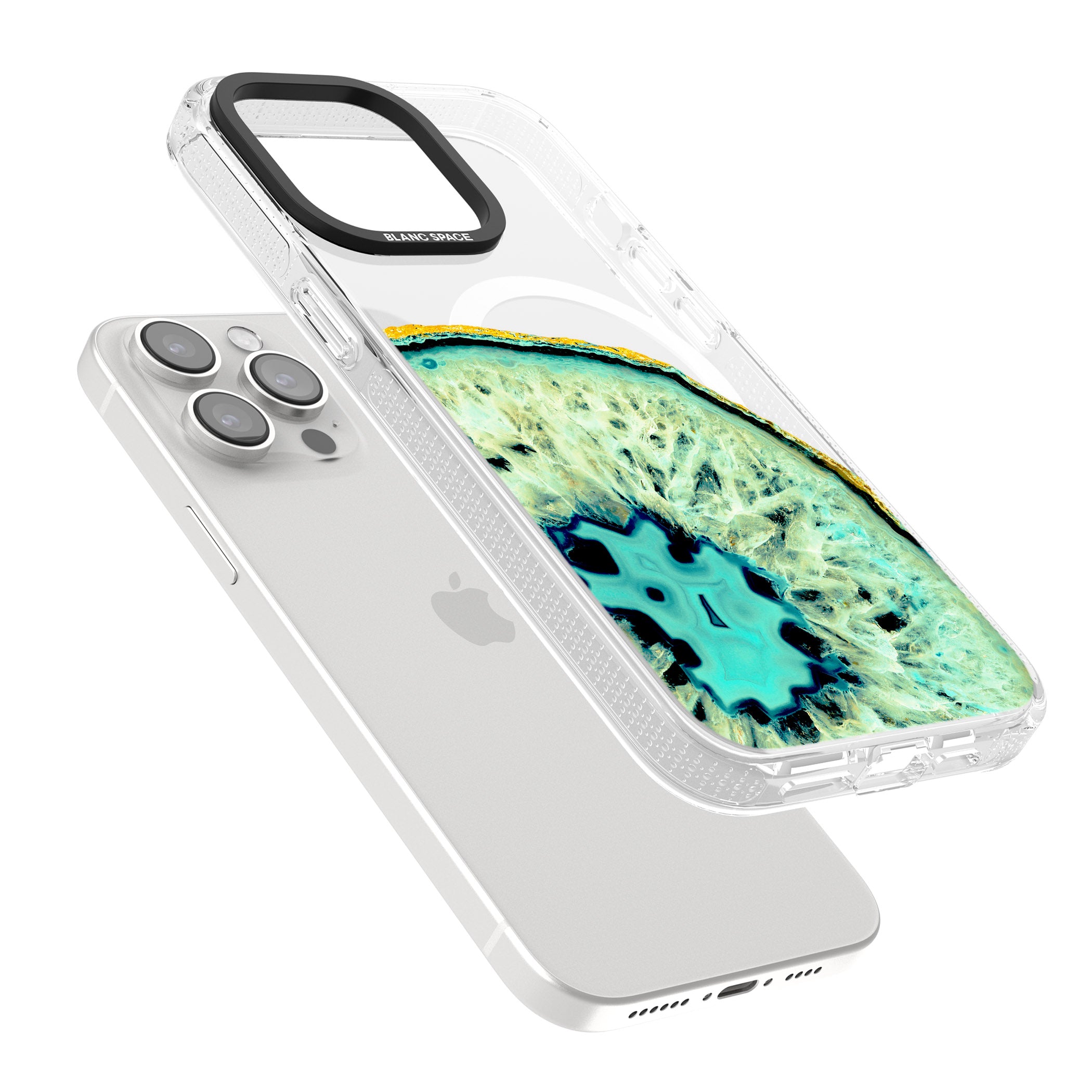Turquoise & Green Gemstone Crystal Clear Design iPhone 15 Pro Max / 15 Pro / 14 Pro Max / 14 Pro / 13 Pro Clear Case Impact Air - Blanc Space