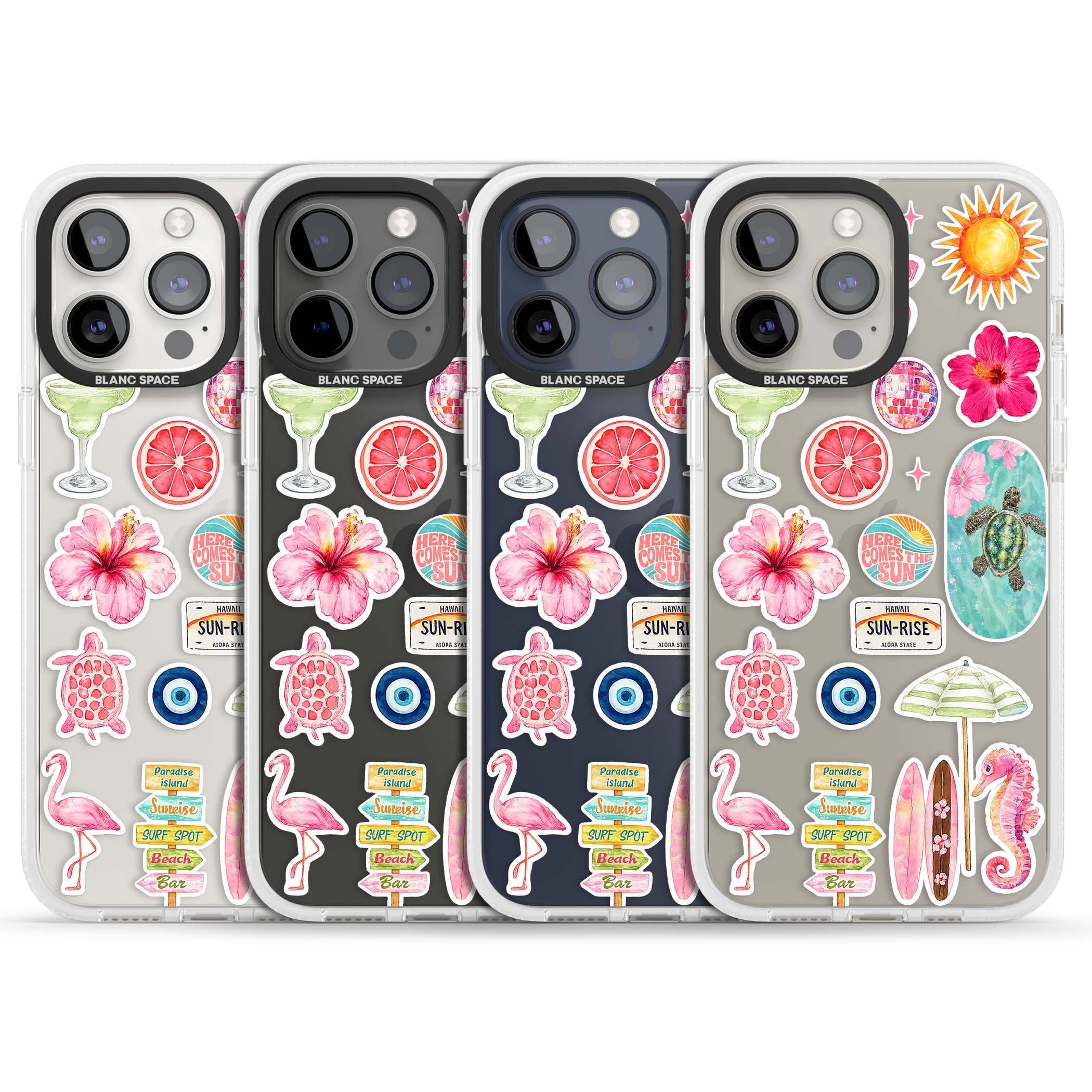 Aloha Sticker Mix tropical summer iPhone case featuring pink hibiscus, sea turtles, flamingo and beach umbrella stickers | Clear Case Impact Air case for iPhone 15 Pro, iPhone 15 Pro Max