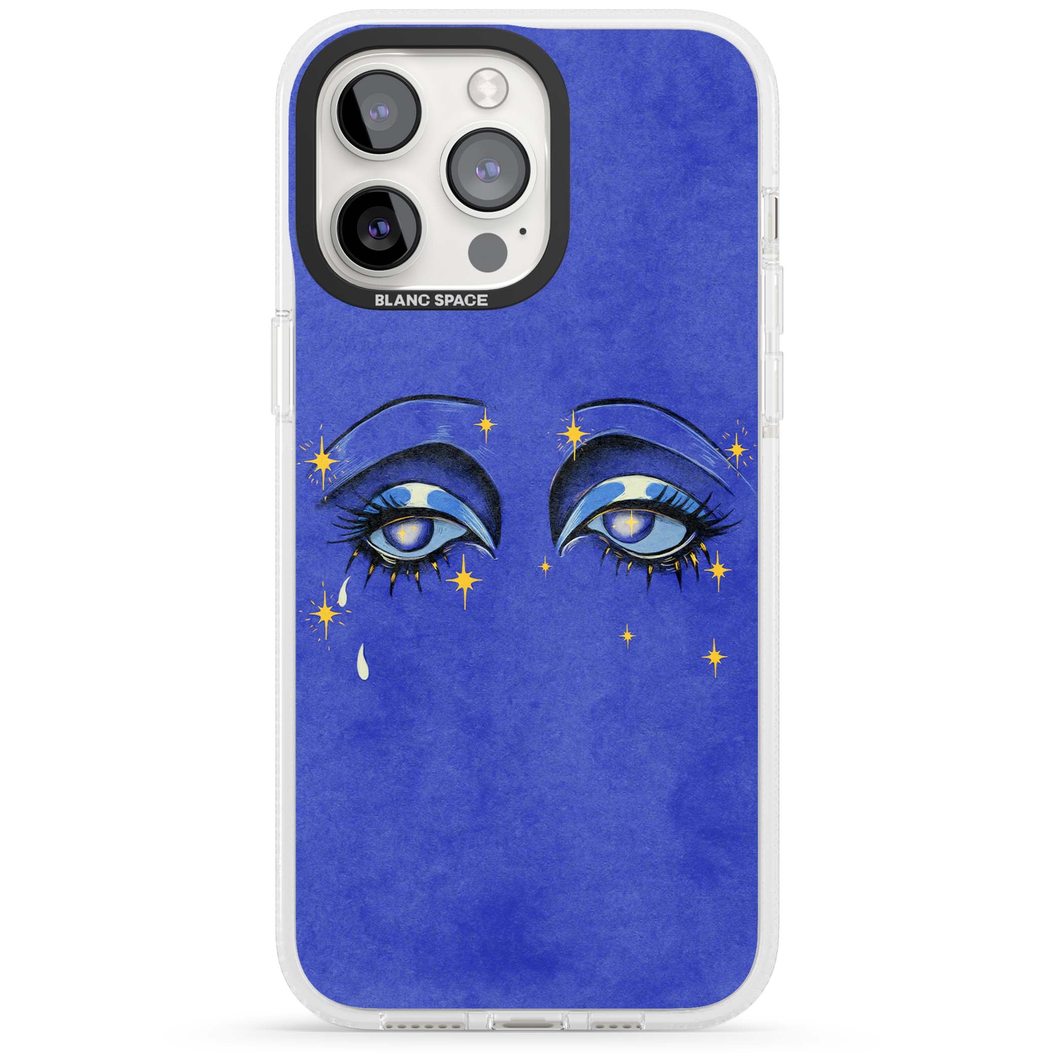 Blue Mystic Eyes celestial iPhone case featuring hand drawn blue mystical eyes, golden stars and a painted tear on indigo | Clear Case Impact Air case for iPhone 15 Pro, iPhone 15 Pro Max