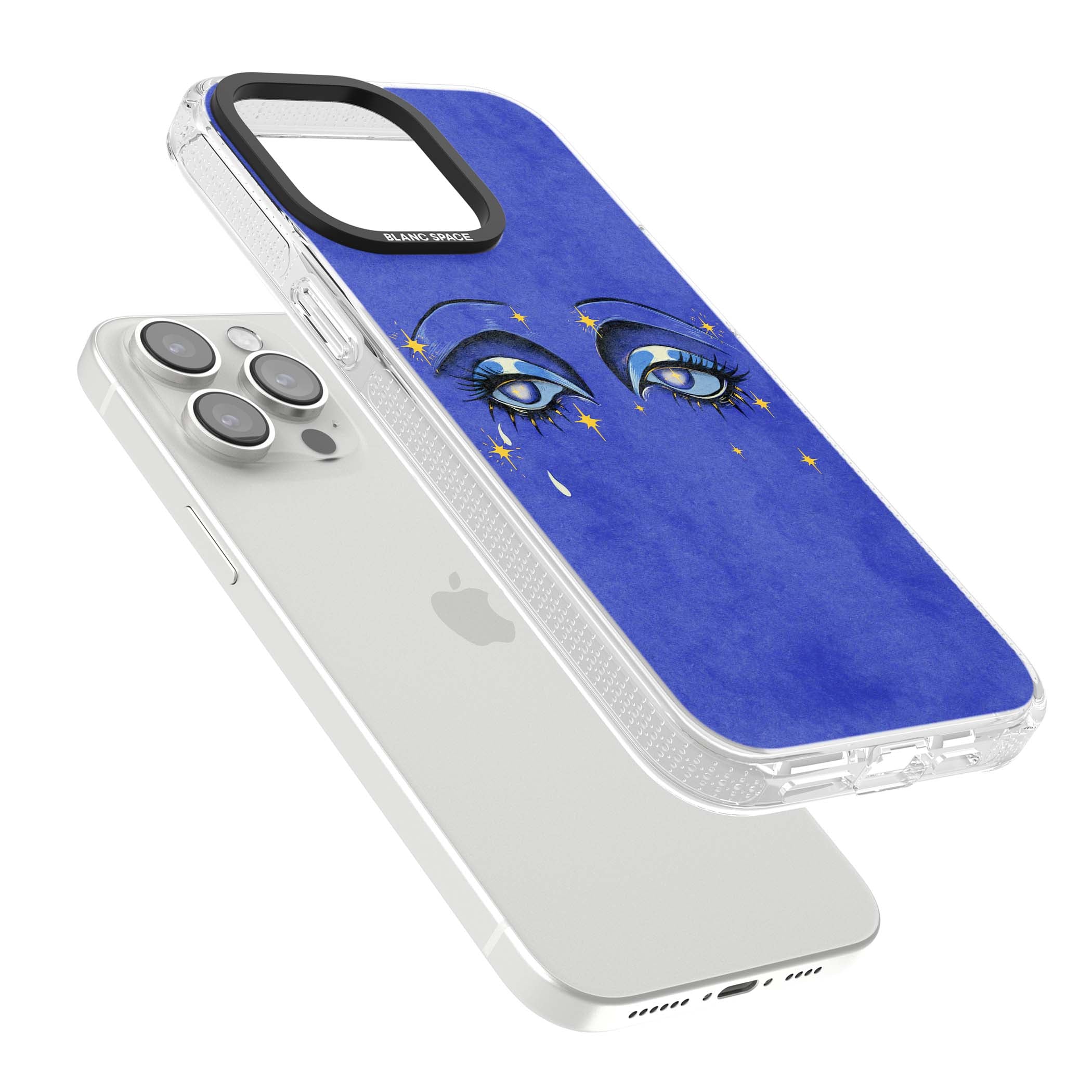 Blue Mystic Eyes celestial iPhone case featuring hand drawn blue mystical eyes, golden stars and a painted tear on indigo | Clear Case Impact Air case for iPhone 15 Pro, iPhone 15 Pro Max