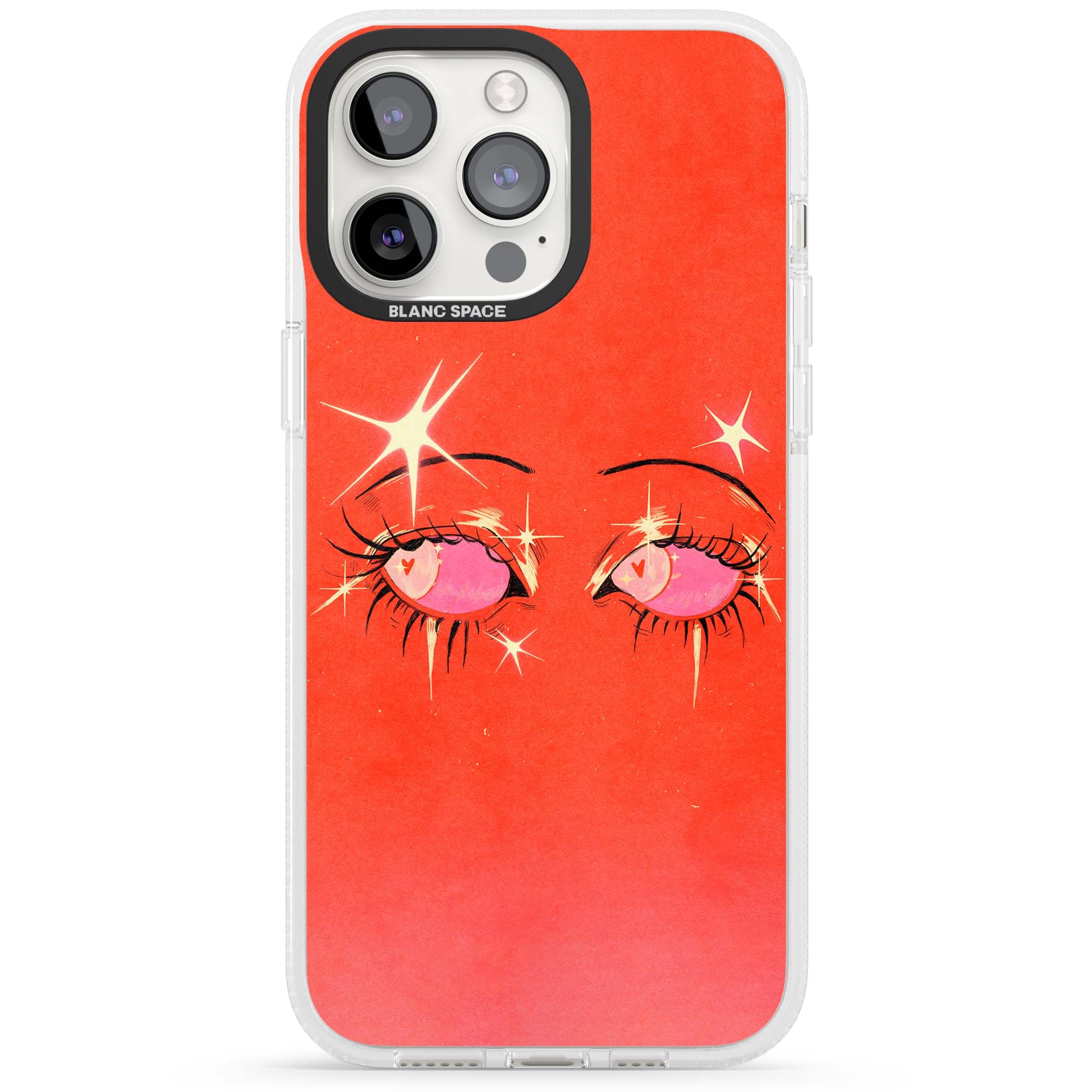 Pink Ethereal Eyes anime iPhone case featuring hand-drawn sparkly eyes with pink hearts and gold stars on red | Clear Case Impact Air case for iPhone 15 Pro, iPhone 15 Pro Max