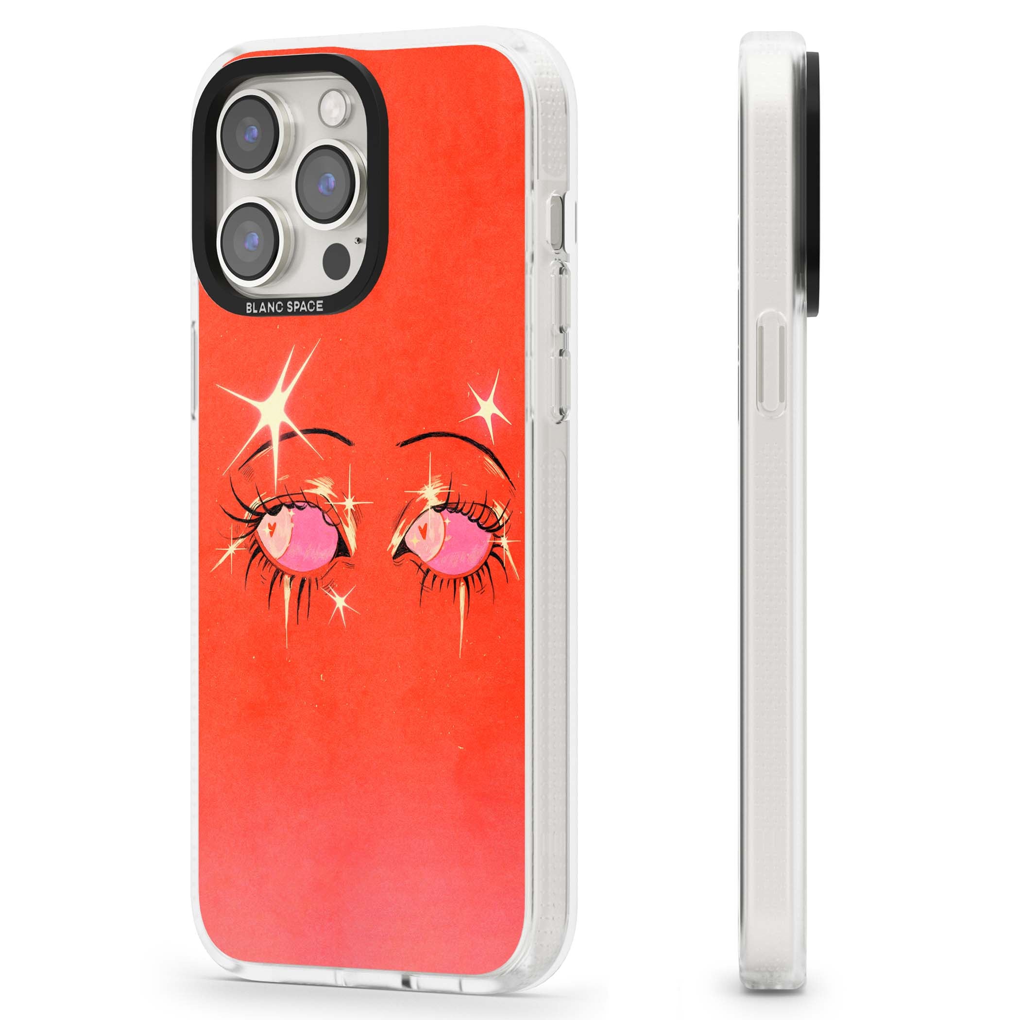 Pink Ethereal Eyes anime iPhone case featuring hand-drawn sparkly eyes with pink hearts and gold stars on red | Clear Case Impact Air case for iPhone 15 Pro, iPhone 15 Pro Max