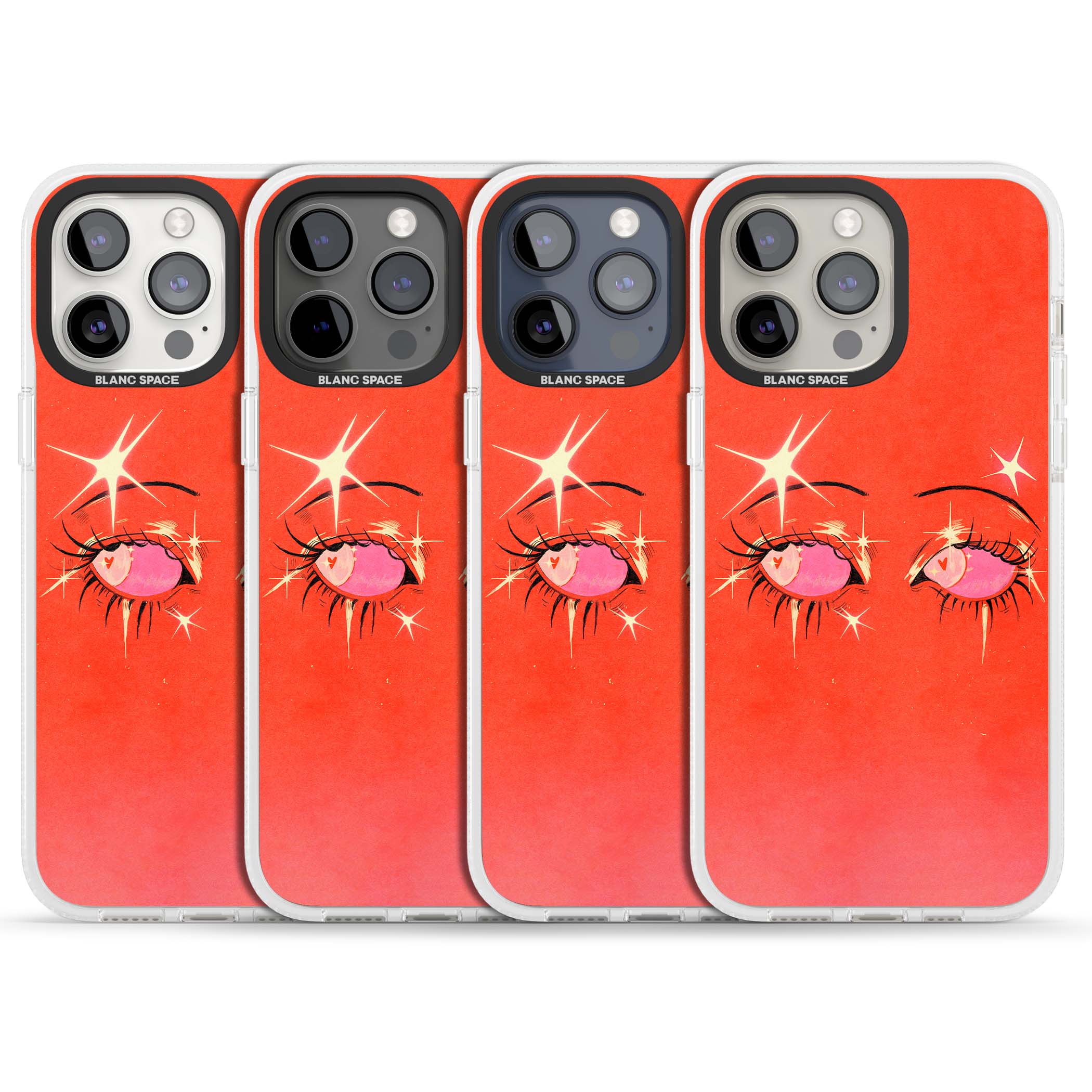Pink Ethereal Eyes anime iPhone case featuring hand-drawn sparkly eyes with pink hearts and gold stars on red | Clear Case Impact Air case for iPhone 15 Pro, iPhone 15 Pro Max