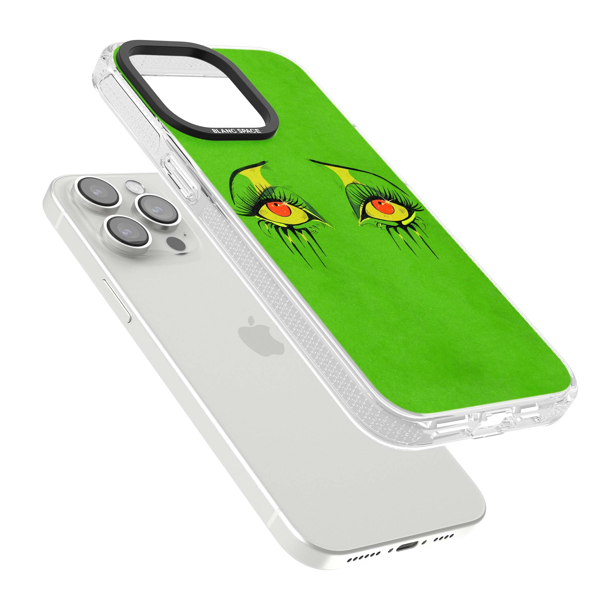 Green Enchanted Eyes psychedelic art iPhone case featuring hand-drawn dripping eyes on neon green background | Clear Case Impact Air case for iPhone 15 Pro, iPhone 15 Pro Max