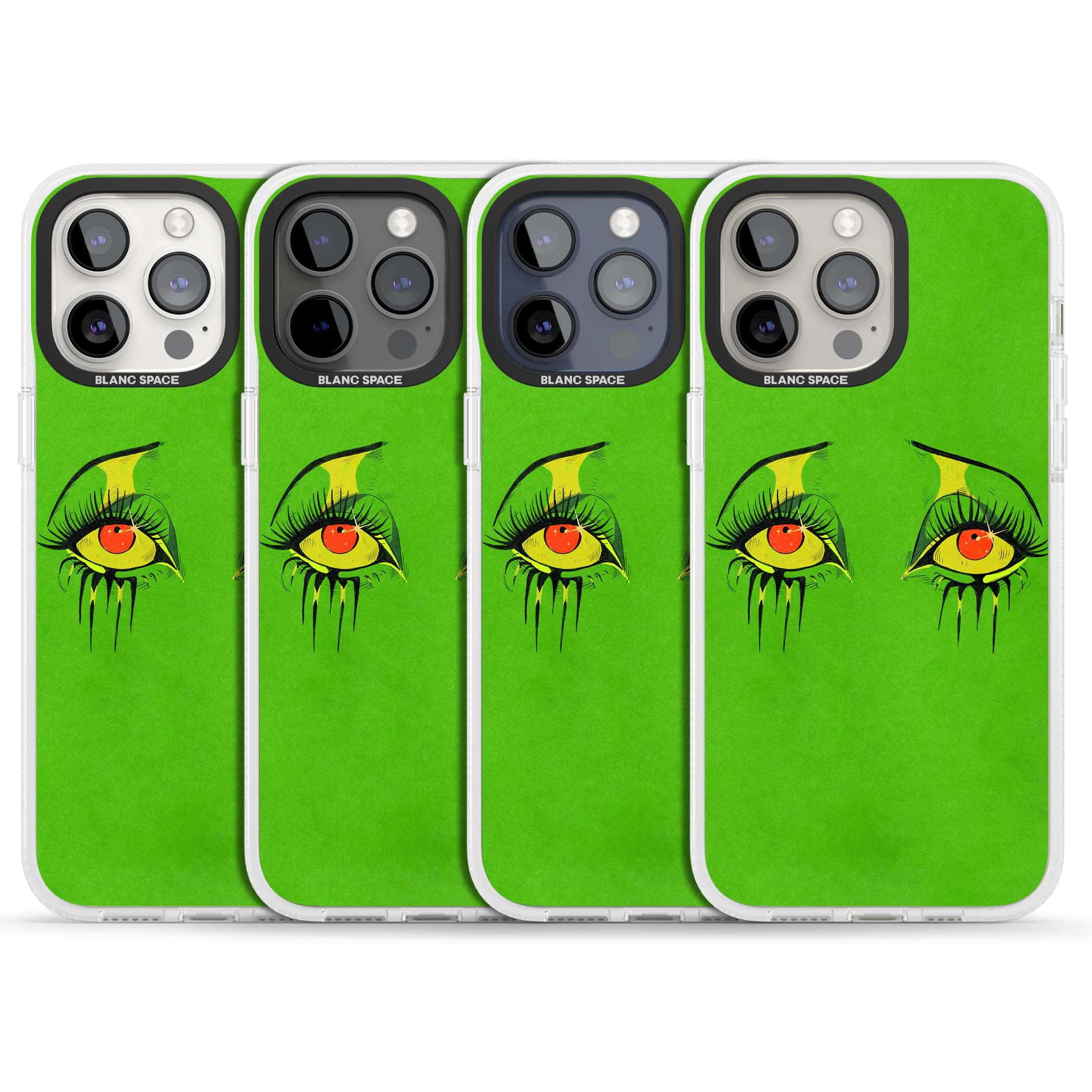 Green Enchanted Eyes psychedelic art iPhone case featuring hand-drawn dripping eyes on neon green background | Clear Case Impact Air case for iPhone 15 Pro, iPhone 15 Pro Max
