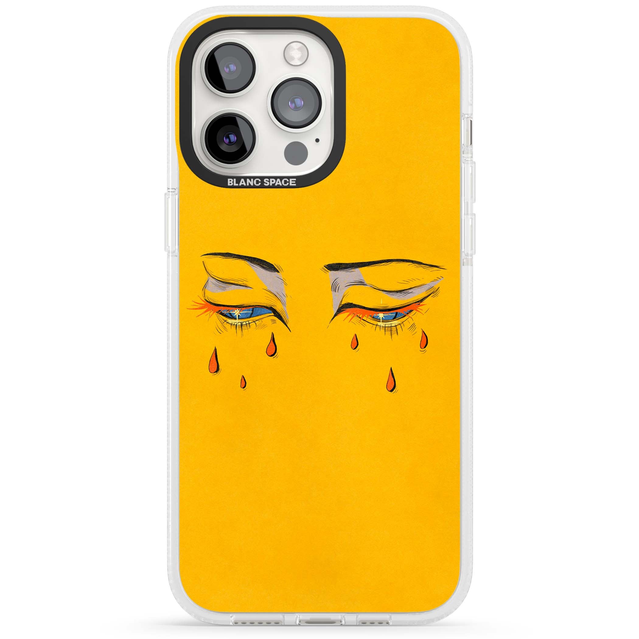 Yellow Tearful Eyes indie iPhone case featuring hand-drawn crying eyes with orange tears on a yellow background | Clear Case Impact Air case for iPhone 15 Pro, iPhone 15 Pro Max