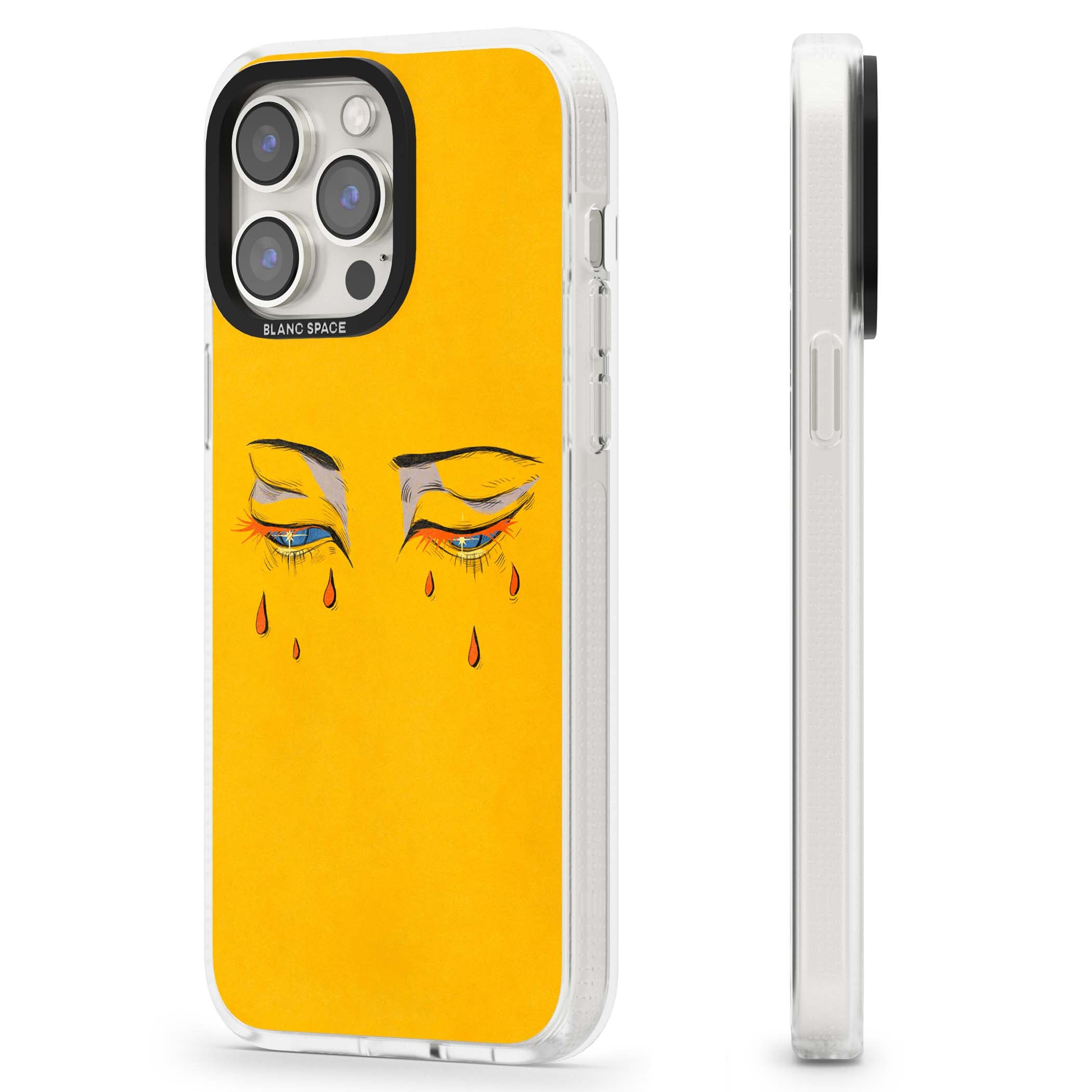 Yellow Tearful Eyes indie iPhone case featuring hand-drawn crying eyes with orange tears on a yellow background | Clear Case Impact Air case for iPhone 15 Pro, iPhone 15 Pro Max